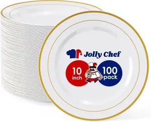 JOLLY CHEF 100 Pieces Gold Plastic Plates, 10 Inch Disposable Dinner White with Gold Rim, Heavy Duty Disposable Plastic Plates for Dinner, Birthdays and Weddings
