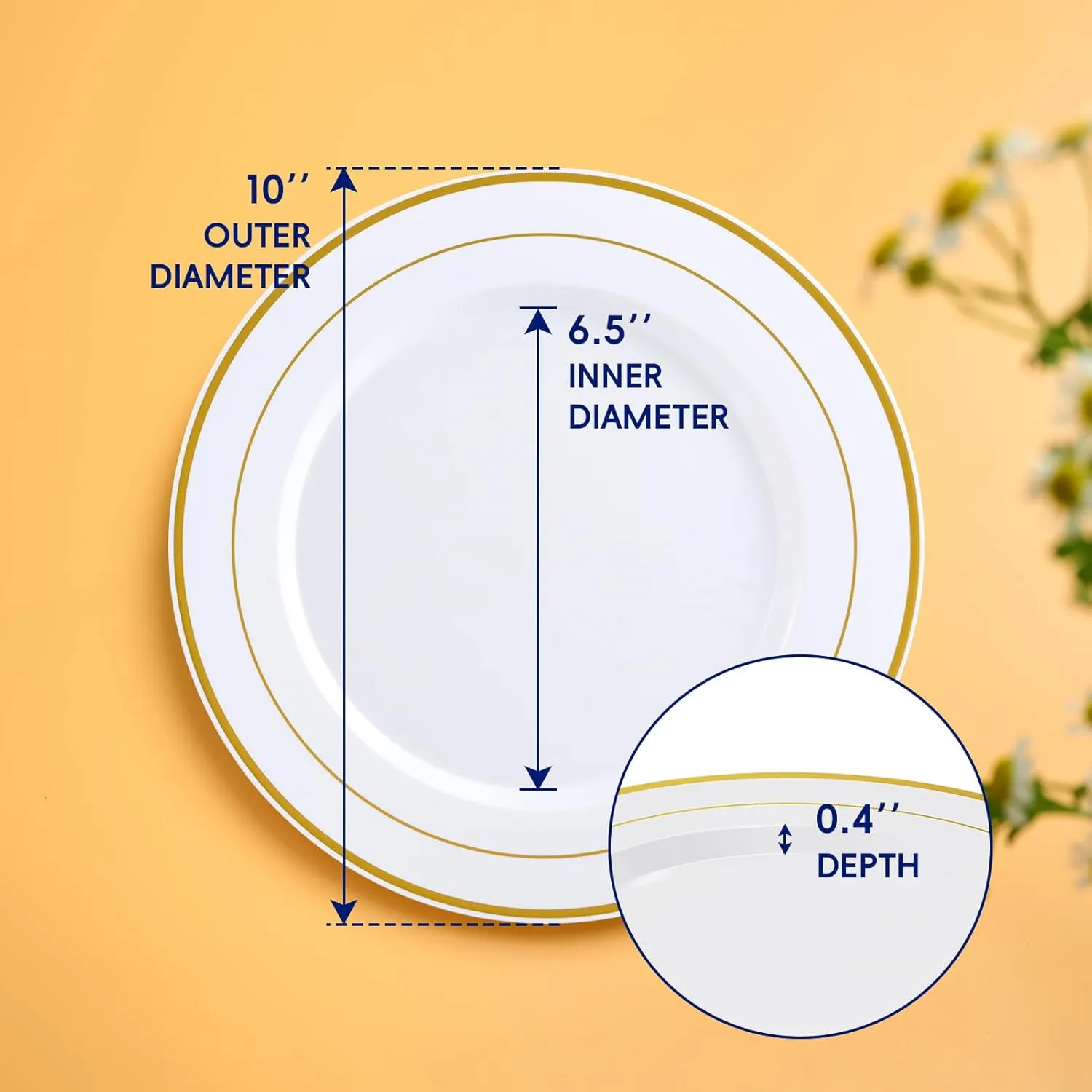 JOLLY CHEF 100 Pieces Gold Plastic Plates, 10 Inch Disposable Dinner White with Gold Rim, Heavy Duty Disposable Plastic Plates for Dinner, Birthdays and Weddings