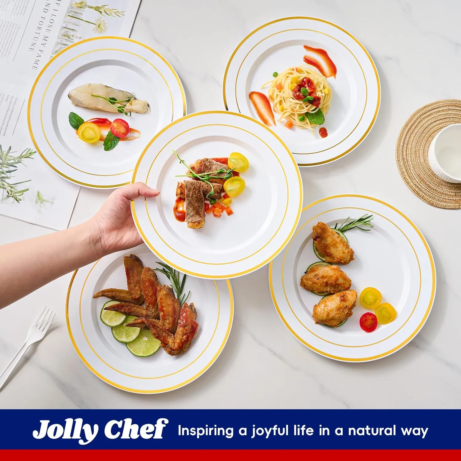 JOLLY CHEF 100 Pieces Gold Plastic Plates, 10 Inch Disposable Dinner White with Gold Rim, Heavy Duty Disposable Plastic Plates for Dinner, Birthdays and Weddings