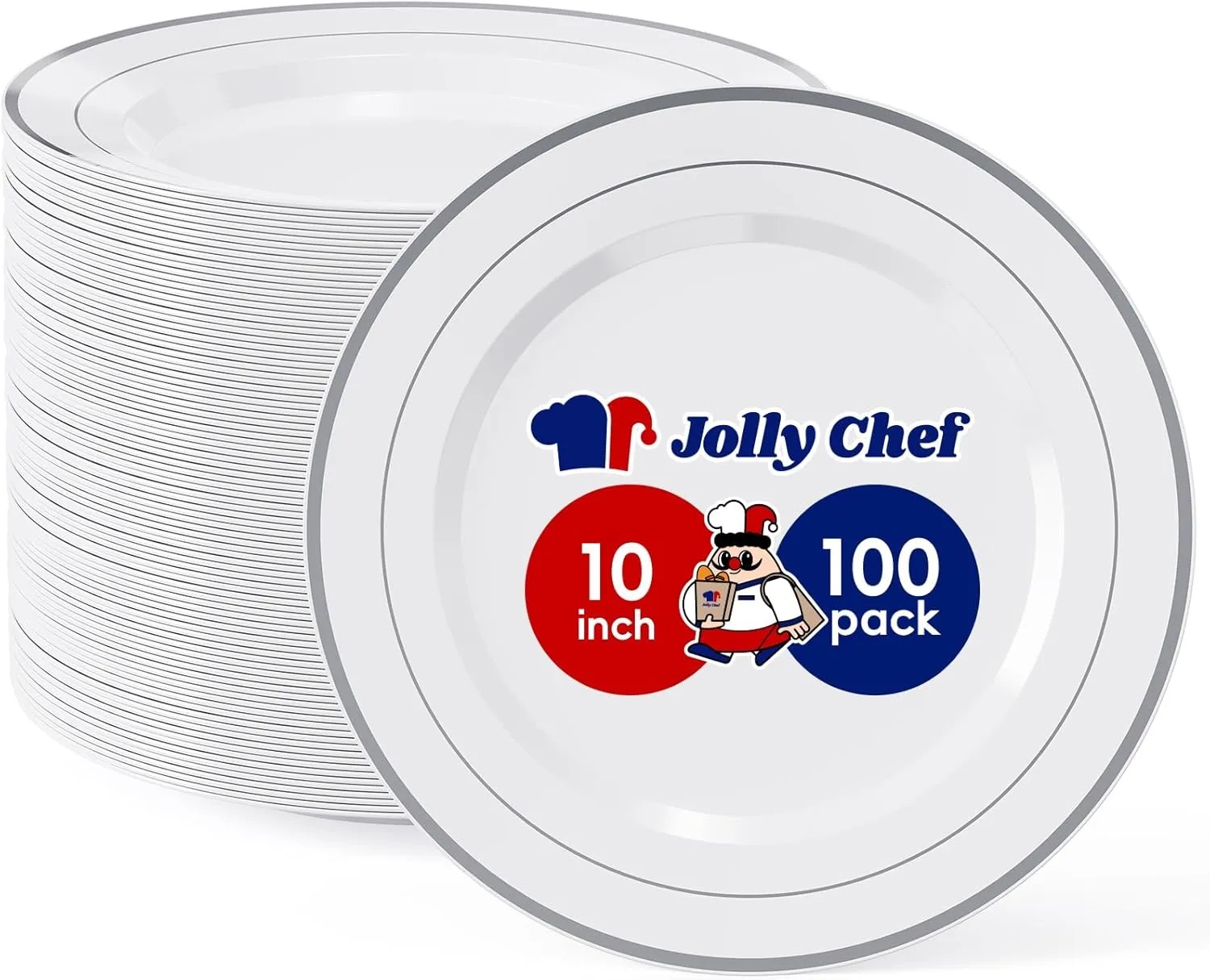 JOLLY CHEF 100 Pieces Silver Plastic Plates, 10 Inch Disposable Plates White Plate with Silver Rim, Heavy Duty Plastic Plates for Dinner, Birthdays and Weddings