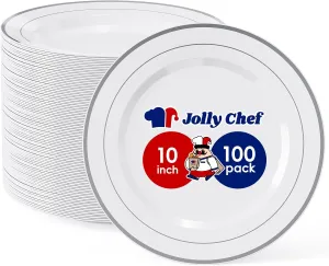 JOLLY CHEF 100 Pieces Silver Plastic Plates, 10 Inch Disposable Plates White Plate with Silver Rim, Heavy Duty Plastic Plates for Dinner, Birthdays and Weddings