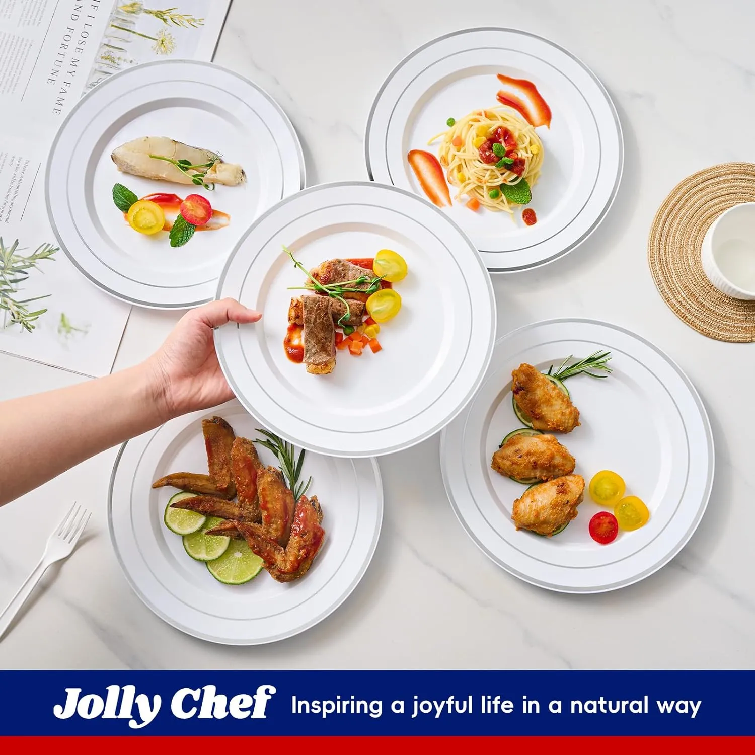 JOLLY CHEF 100 Pieces Silver Plastic Plates, 10 Inch Disposable Plates White Plate with Silver Rim, Heavy Duty Plastic Plates for Dinner, Birthdays and Weddings