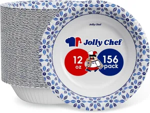 JOLLY CHEF 156 Count Paper Bowls 12 oz Soak Proof, Heavy Duty Printed Disposable Small Bowls Bulk for Dinner or Lunch