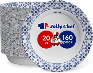 JOLLY CHEF 160 Count Paper Bowls 20 oz Soak Proof, Heavy Duty Printed Disposable Bowls Bulk for Dinner or Lunch…