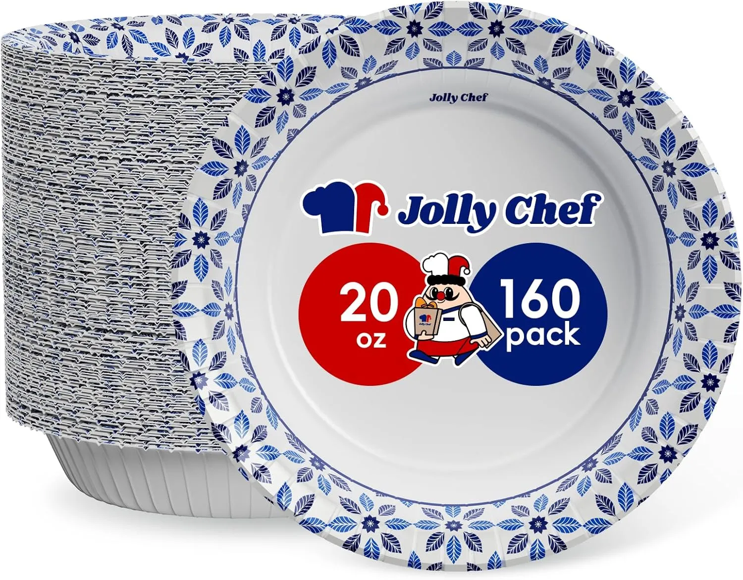 JOLLY CHEF 160 Count Paper Bowls 20 oz Soak Proof, Heavy Duty Printed Disposable Bowls Bulk for Dinner or Lunch…