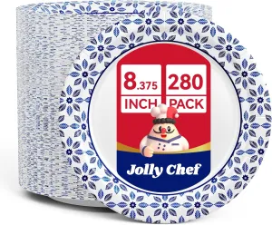 JOLLY CHEF 8.37 inch Paper Plates 280 Count Soak Proof, Cut Proof, Heavy Duty Printed Disposable Plate for Everyday Use