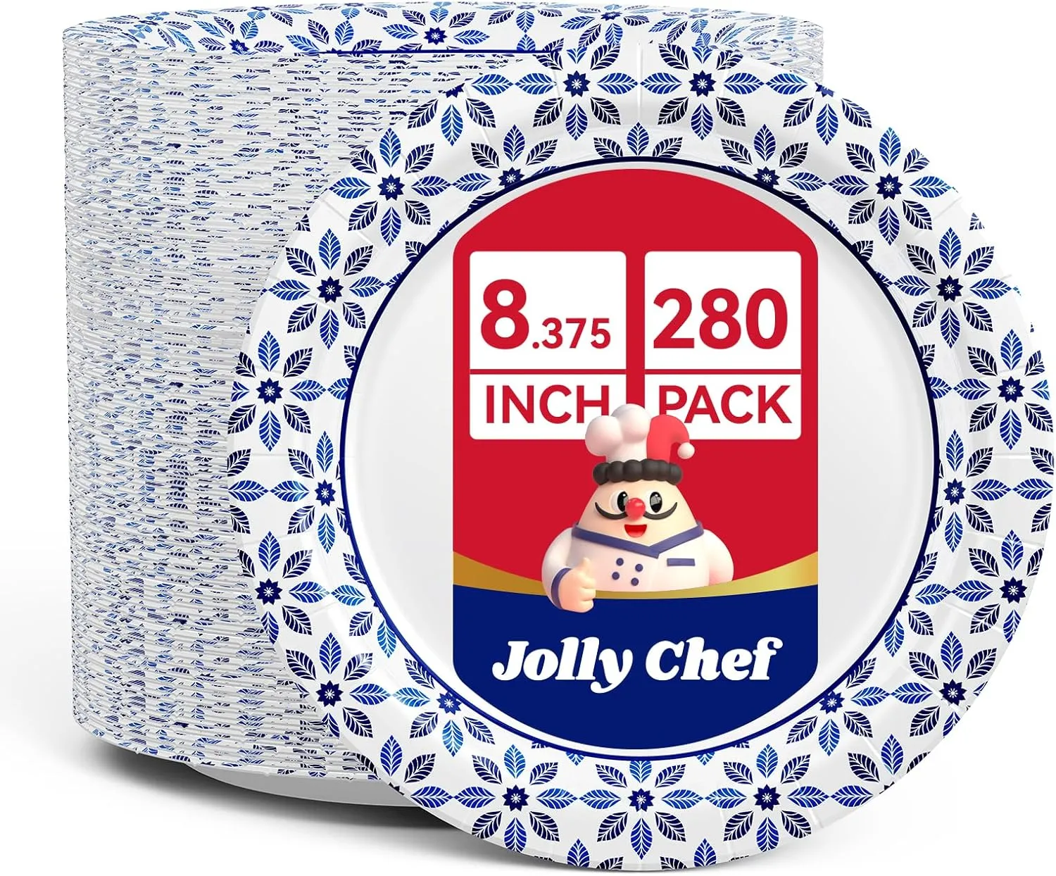 JOLLY CHEF 8.37 inch Paper Plates 280 Count Soak Proof, Cut Proof, Heavy Duty Printed Disposable Plate for Everyday Use