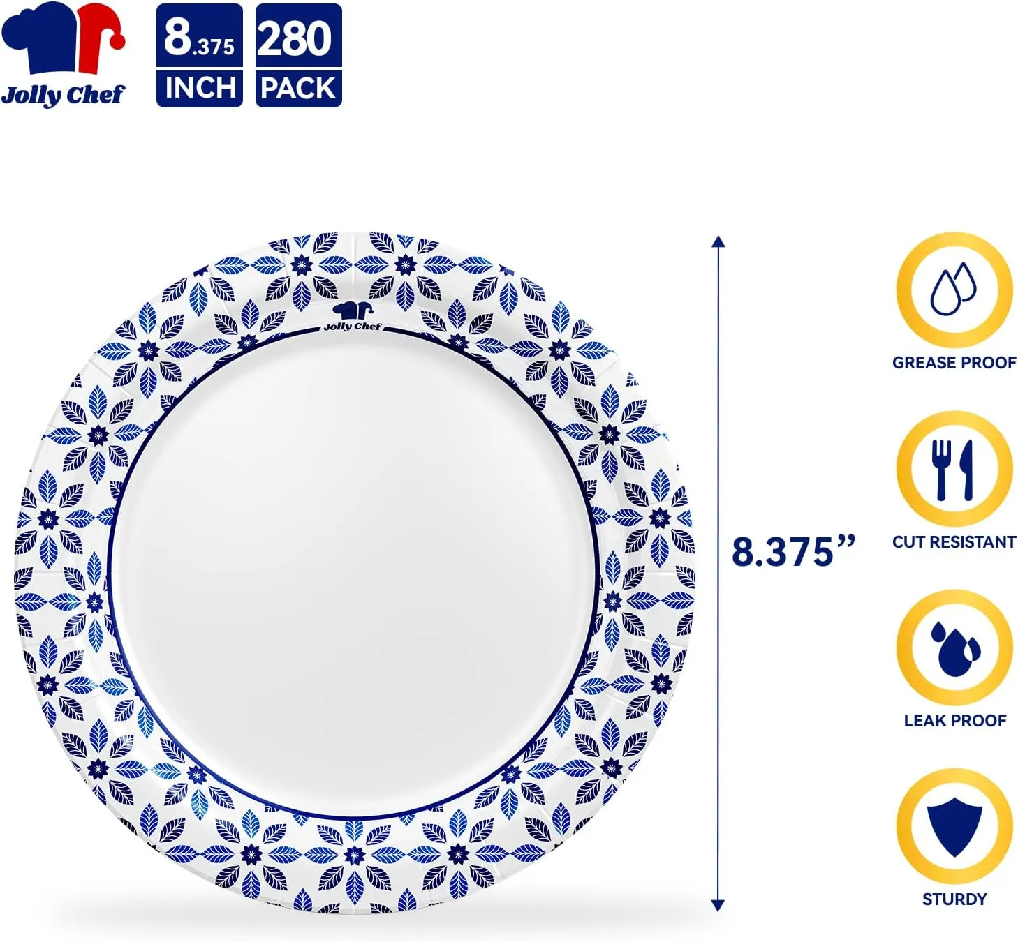 JOLLY CHEF 8.37 inch Paper Plates 280 Count Soak Proof, Cut Proof, Heavy Duty Printed Disposable Plate for Everyday Use