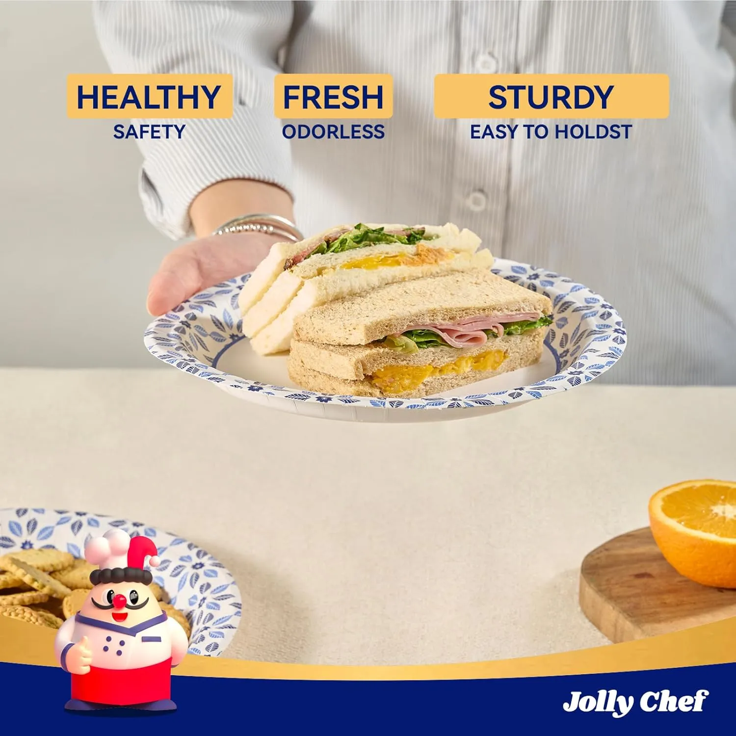 JOLLY CHEF 8.37 inch Paper Plates 280 Count Soak Proof, Cut Proof, Heavy Duty Printed Disposable Plate for Everyday Use