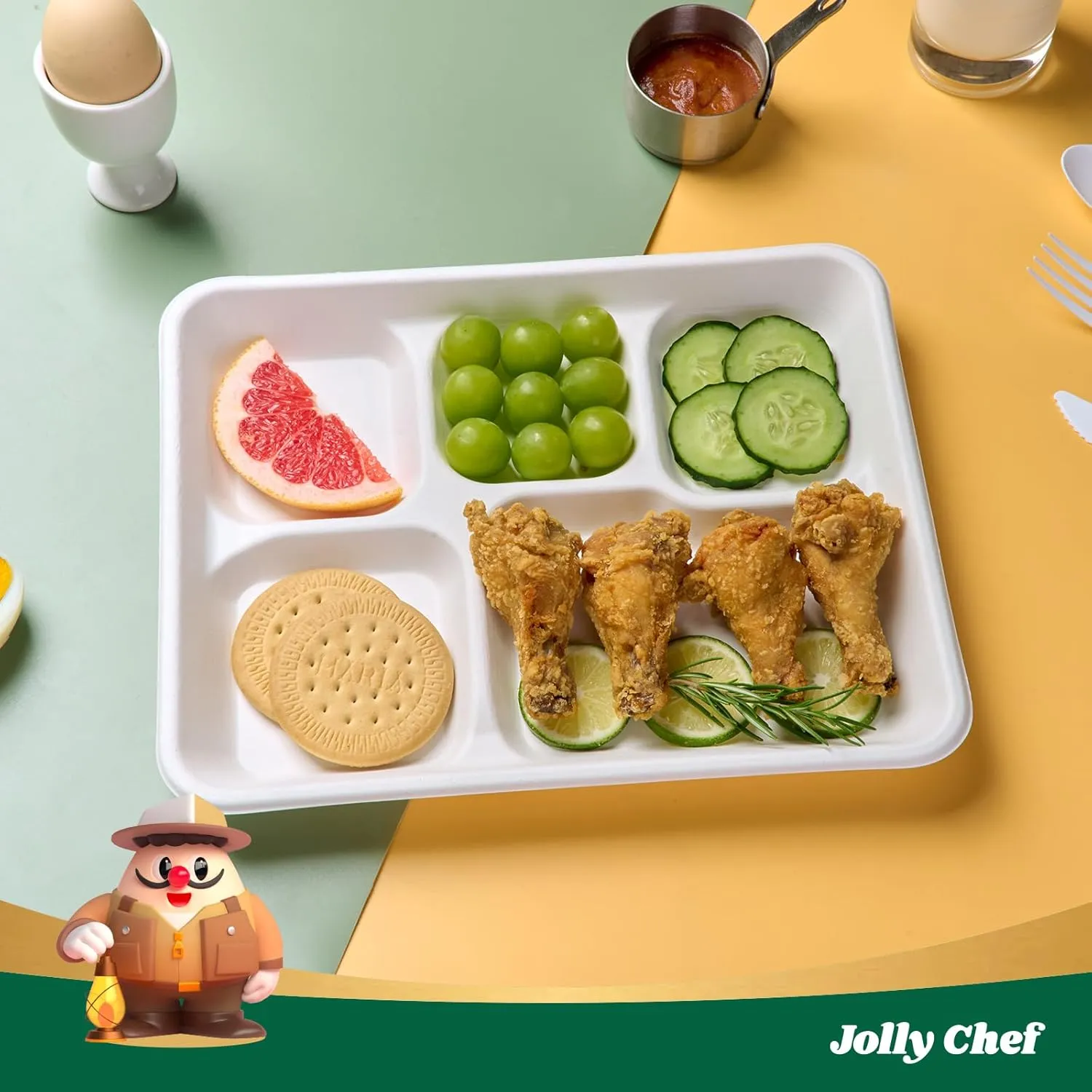 JOLLY CHEF Compostable 𝟱 Compartment Paper Plates 𝟭𝟬 * 𝟴 𝗶𝗻𝗰𝗵 [𝟭𝟮𝟱 𝗣𝗮𝗰𝗸] Heavy Duty Divided Disposable White Eco-Friendly Biodegradable Container Food Tray for Party Dinner Lunch Buffet