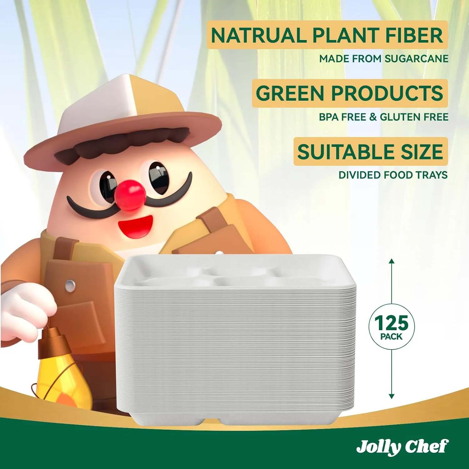 JOLLY CHEF Compostable 𝟱 Compartment Paper Plates 𝟭𝟬 * 𝟴 𝗶𝗻𝗰𝗵 [𝟭𝟮𝟱 𝗣𝗮𝗰𝗸] Heavy Duty Divided Disposable White Eco-Friendly Biodegradable Container Food Tray for Party Dinner Lunch Buffet