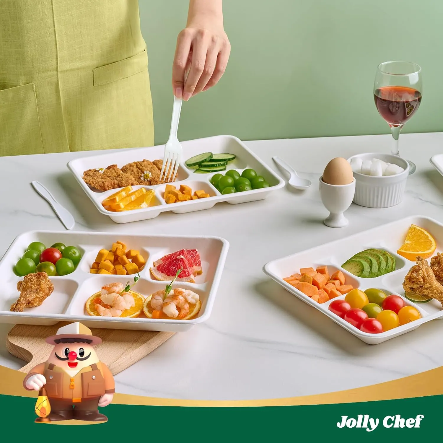 JOLLY CHEF Compostable 𝟱 Compartment Paper Plates 𝟭𝟬 * 𝟴 𝗶𝗻𝗰𝗵 [𝟭𝟮𝟱 𝗣𝗮𝗰𝗸] Heavy Duty Divided Disposable White Eco-Friendly Biodegradable Container Food Tray for Party Dinner Lunch Buffet