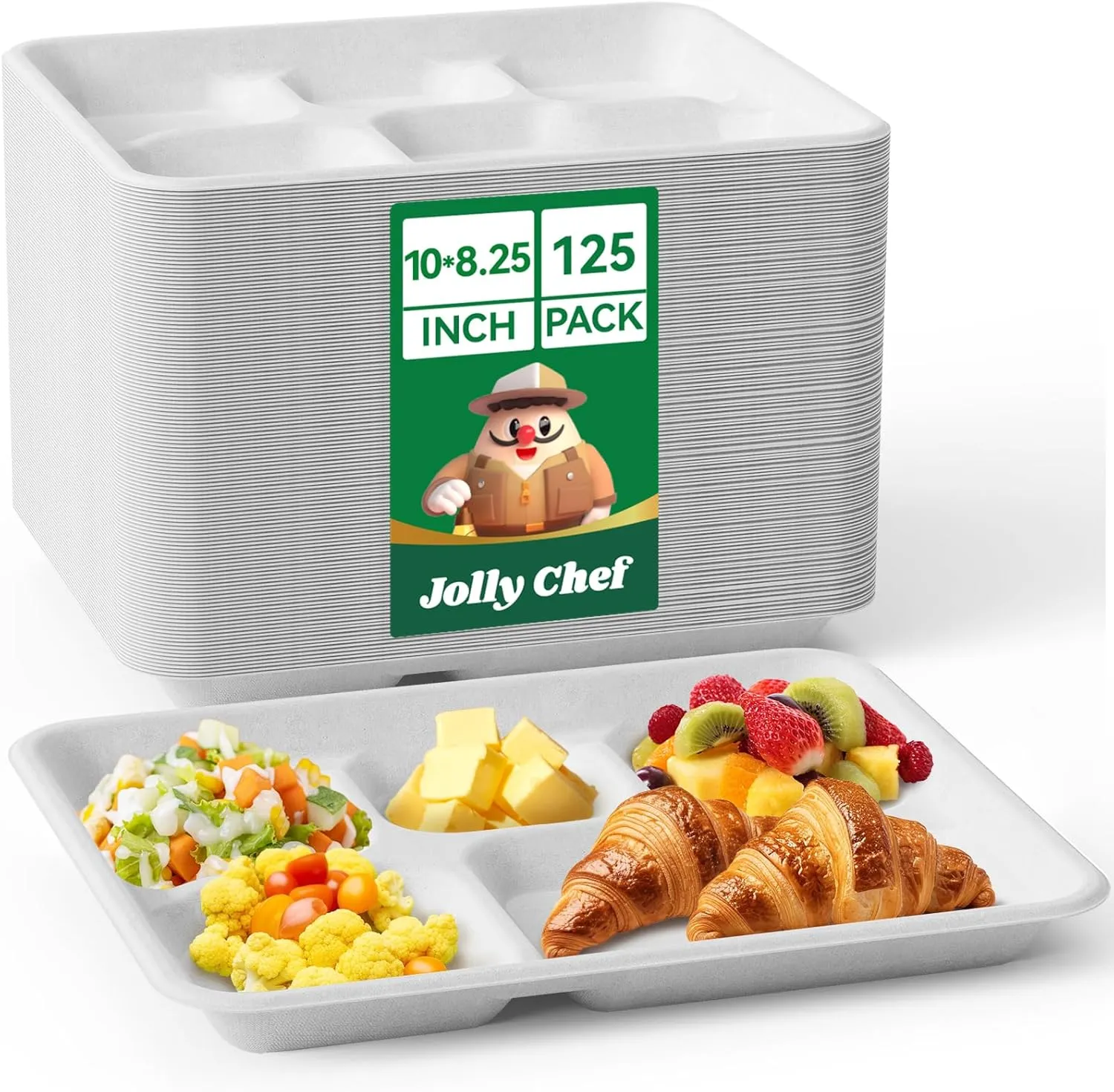 JOLLY CHEF Compostable 𝟱 Compartment Paper Plates 𝟭𝟬 * 𝟴 𝗶𝗻𝗰𝗵 [𝟭𝟮𝟱 𝗣𝗮𝗰𝗸] Heavy Duty Divided Disposable White Eco-Friendly Biodegradable Container Food Tray for Party Dinner Lunch Buffet
