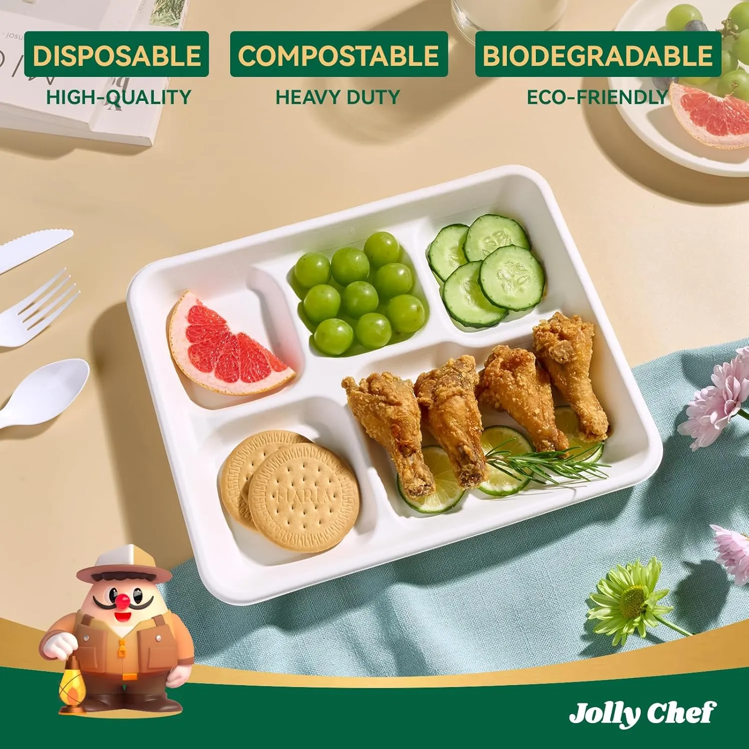 JOLLY CHEF Compostable 𝟱 Compartment Paper Plates 𝟭𝟬 * 𝟴 𝗶𝗻𝗰𝗵 [𝟭𝟮𝟱 𝗣𝗮𝗰𝗸] Heavy Duty Divided Disposable White Eco-Friendly Biodegradable Container Food Tray for Party Dinner Lunch Buffet
