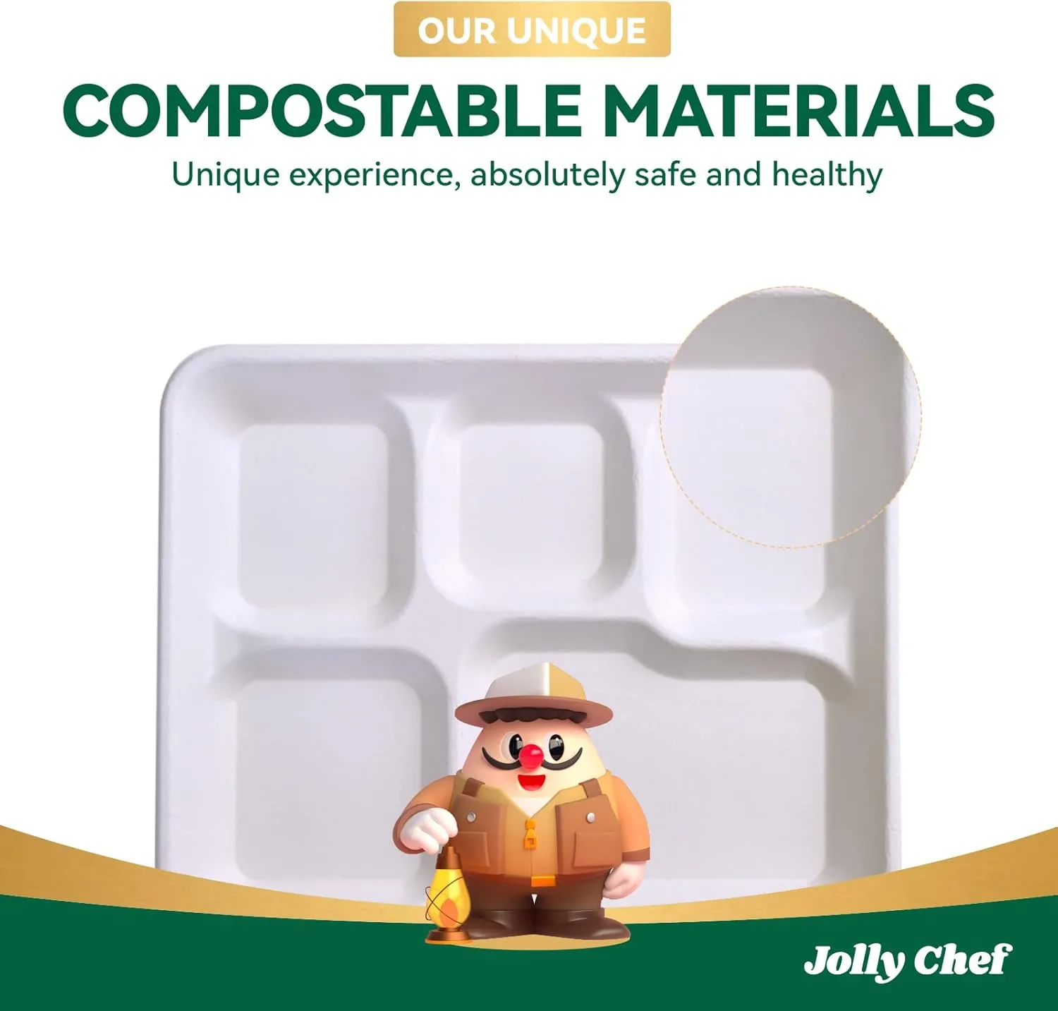 JOLLY CHEF Compostable 𝟱 Compartment Paper Plates 𝟭𝟬 * 𝟴 𝗶𝗻𝗰𝗵 [𝟭𝟮𝟱 𝗣𝗮𝗰𝗸] Heavy Duty Divided Disposable White Eco-Friendly Biodegradable Container Food Tray for Party Dinner Lunch Buffet