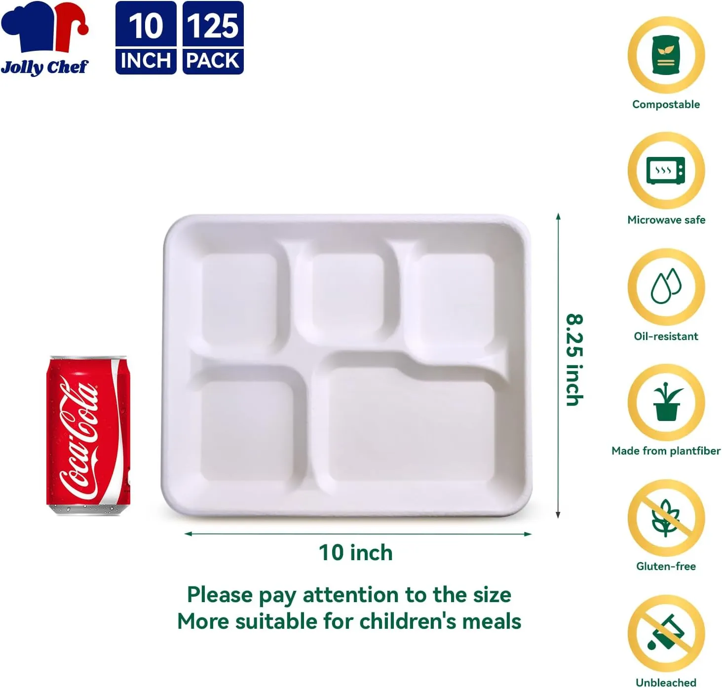 JOLLY CHEF Compostable 𝟱 Compartment Paper Plates 𝟭𝟬 * 𝟴 𝗶𝗻𝗰𝗵 [𝟭𝟮𝟱 𝗣𝗮𝗰𝗸] Heavy Duty Divided Disposable White Eco-Friendly Biodegradable Container Food Tray for Party Dinner Lunch Buffet