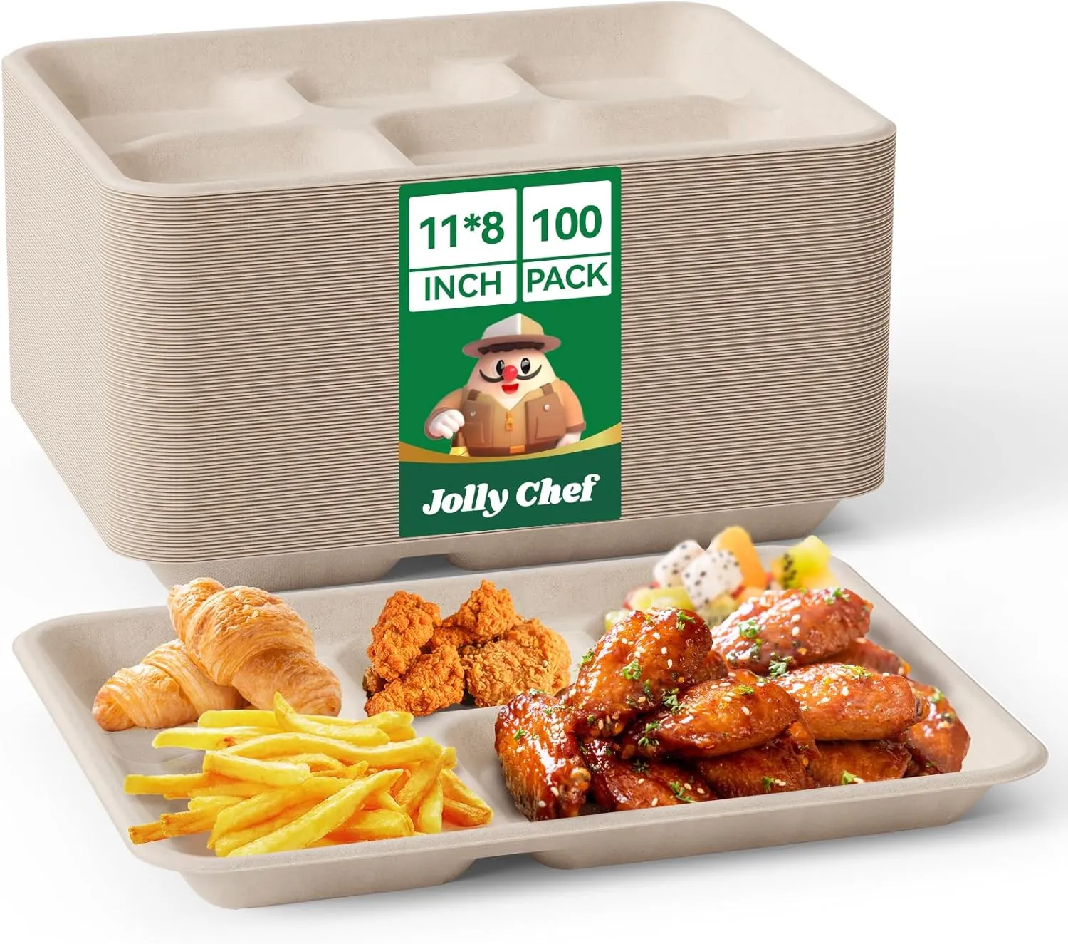 JOLLY CHEF Compostable 𝟱 Compartment Paper Plates 𝟭𝟭 * 𝟴 𝗶𝗻𝗰𝗵 [𝟭𝟬𝟬 𝗣𝗮𝗰𝗸] Heavy Duty Natural Divided Disposable Eco-Friendly Biodegradable Containers Food Trays for Dinner Lunch Buffet