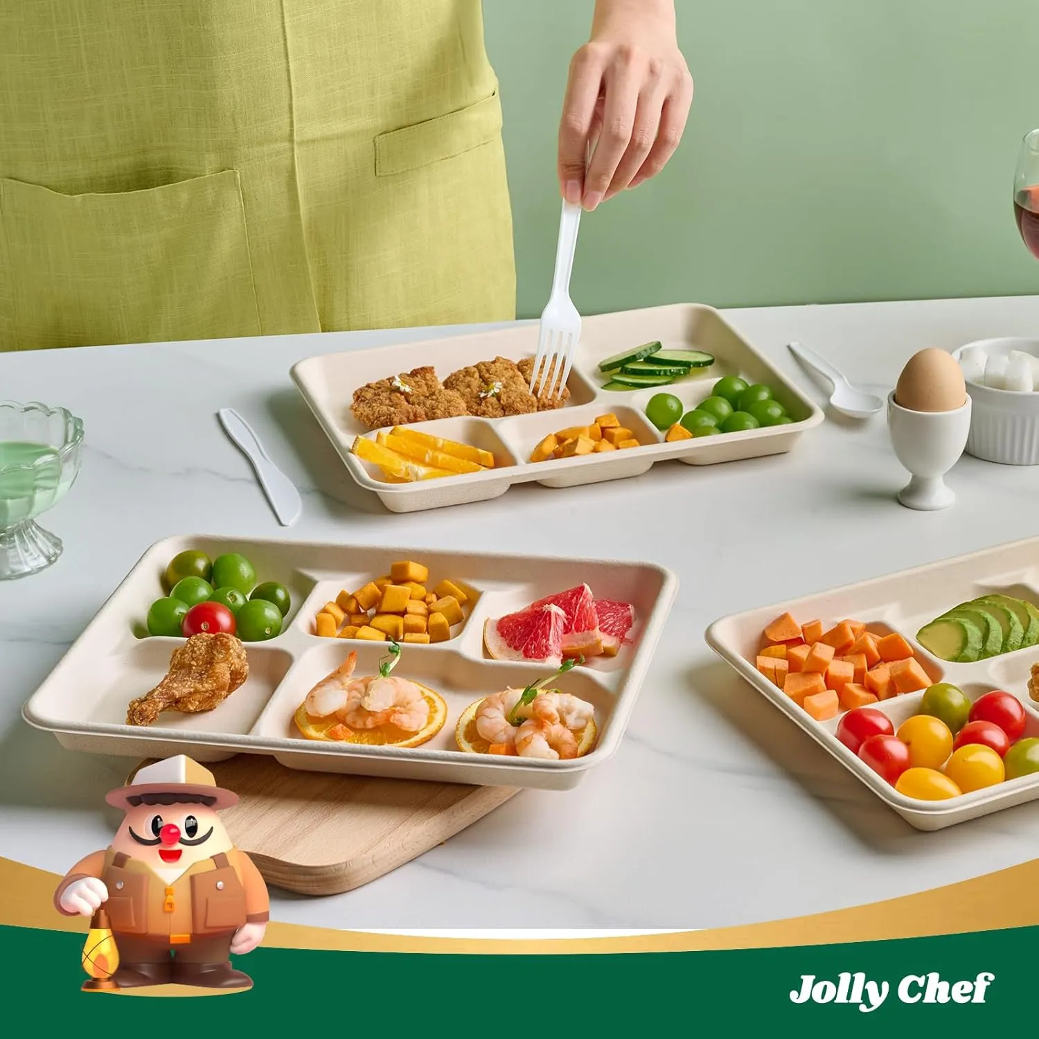 JOLLY CHEF Compostable 𝟱 Compartment Paper Plates 𝟭𝟭 * 𝟴 𝗶𝗻𝗰𝗵 [𝟭𝟬𝟬 𝗣𝗮𝗰𝗸] Heavy Duty Natural Divided Disposable Eco-Friendly Biodegradable Containers Food Trays for Dinner Lunch Buffet