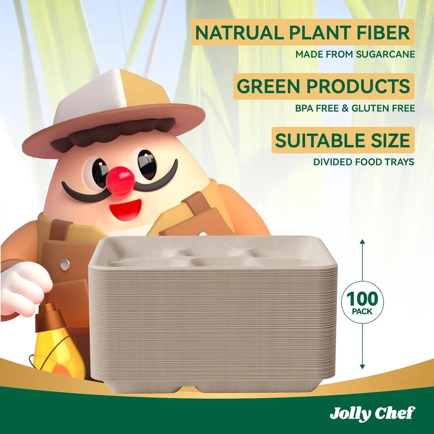 JOLLY CHEF Compostable 𝟱 Compartment Paper Plates 𝟭𝟭 * 𝟴 𝗶𝗻𝗰𝗵 [𝟭𝟬𝟬 𝗣𝗮𝗰𝗸] Heavy Duty Natural Divided Disposable Eco-Friendly Biodegradable Containers Food Trays for Dinner Lunch Buffet
