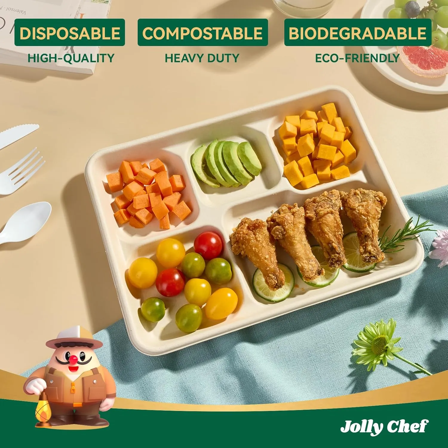 JOLLY CHEF Compostable 𝟱 Compartment Paper Plates 𝟭𝟭 * 𝟴 𝗶𝗻𝗰𝗵 [𝟭𝟬𝟬 𝗣𝗮𝗰𝗸] Heavy Duty Natural Divided Disposable Eco-Friendly Biodegradable Containers Food Trays for Dinner Lunch Buffet