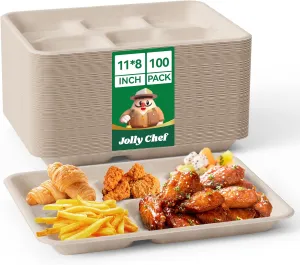 JOLLY CHEF Compostable 𝟱 Compartment Paper Plates 𝟭𝟭 * 𝟴 𝗶𝗻𝗰𝗵 [𝟭𝟬𝟬 𝗣𝗮𝗰𝗸] Heavy Duty Natural Divided Disposable Eco-Friendly Biodegradable Containers Food Trays for Dinner Lunch Buffet