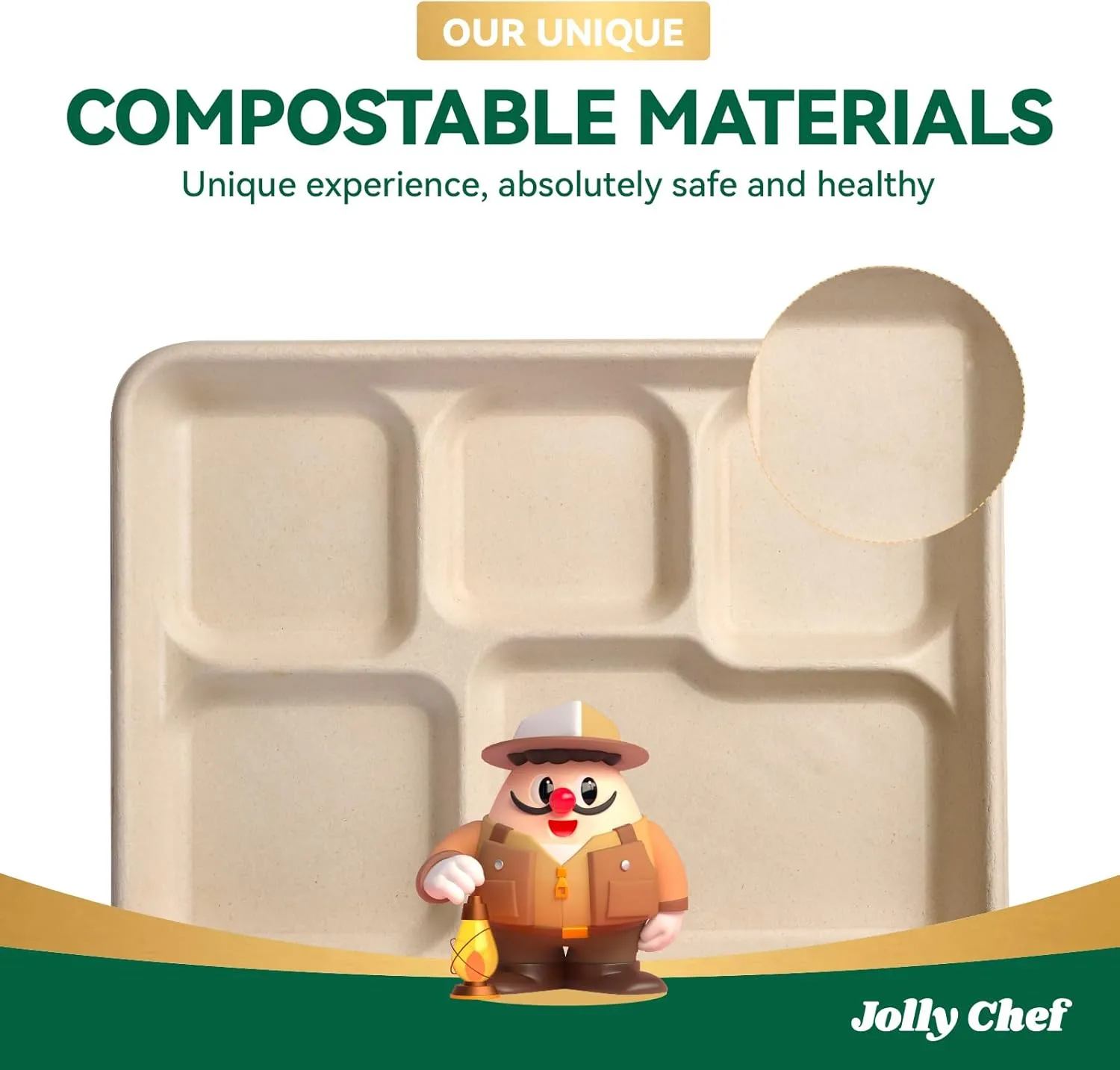 JOLLY CHEF Compostable 𝟱 Compartment Paper Plates 𝟭𝟭 * 𝟴 𝗶𝗻𝗰𝗵 [𝟭𝟬𝟬 𝗣𝗮𝗰𝗸] Heavy Duty Natural Divided Disposable Eco-Friendly Biodegradable Containers Food Trays for Dinner Lunch Buffet