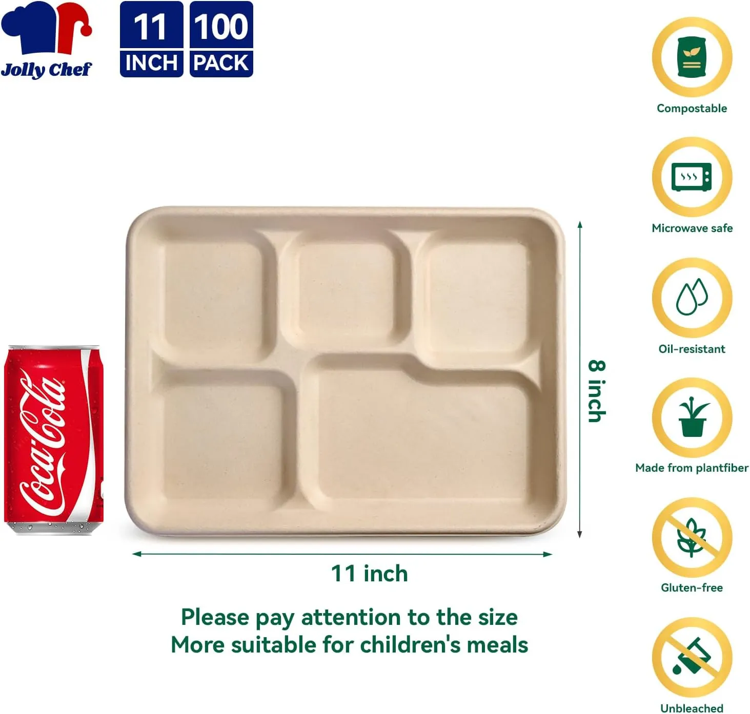JOLLY CHEF Compostable 𝟱 Compartment Paper Plates 𝟭𝟭 * 𝟴 𝗶𝗻𝗰𝗵 [𝟭𝟬𝟬 𝗣𝗮𝗰𝗸] Heavy Duty Natural Divided Disposable Eco-Friendly Biodegradable Containers Food Trays for Dinner Lunch Buffet