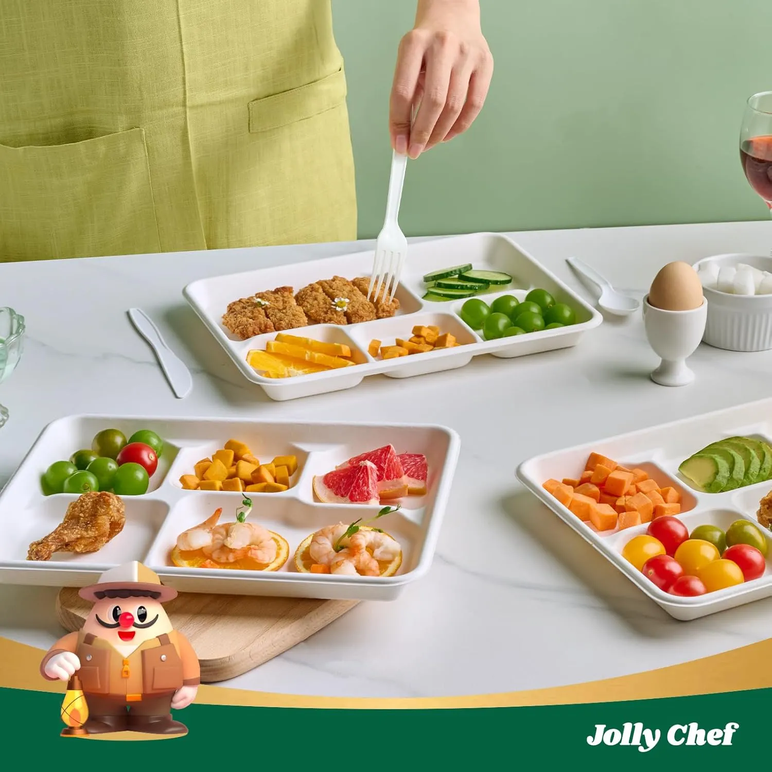 JOLLY CHEF Compostable 𝟱 Compartment Paper Plates 𝟭𝟭 * 𝟴 𝗶𝗻𝗰𝗵 [𝟭𝟬𝟬 𝗣𝗮𝗰𝗸] Heavy Duty White Divided Disposable Plate Eco-Friendly Biodegradable Containers Food Tray for Party Lunch Buffet