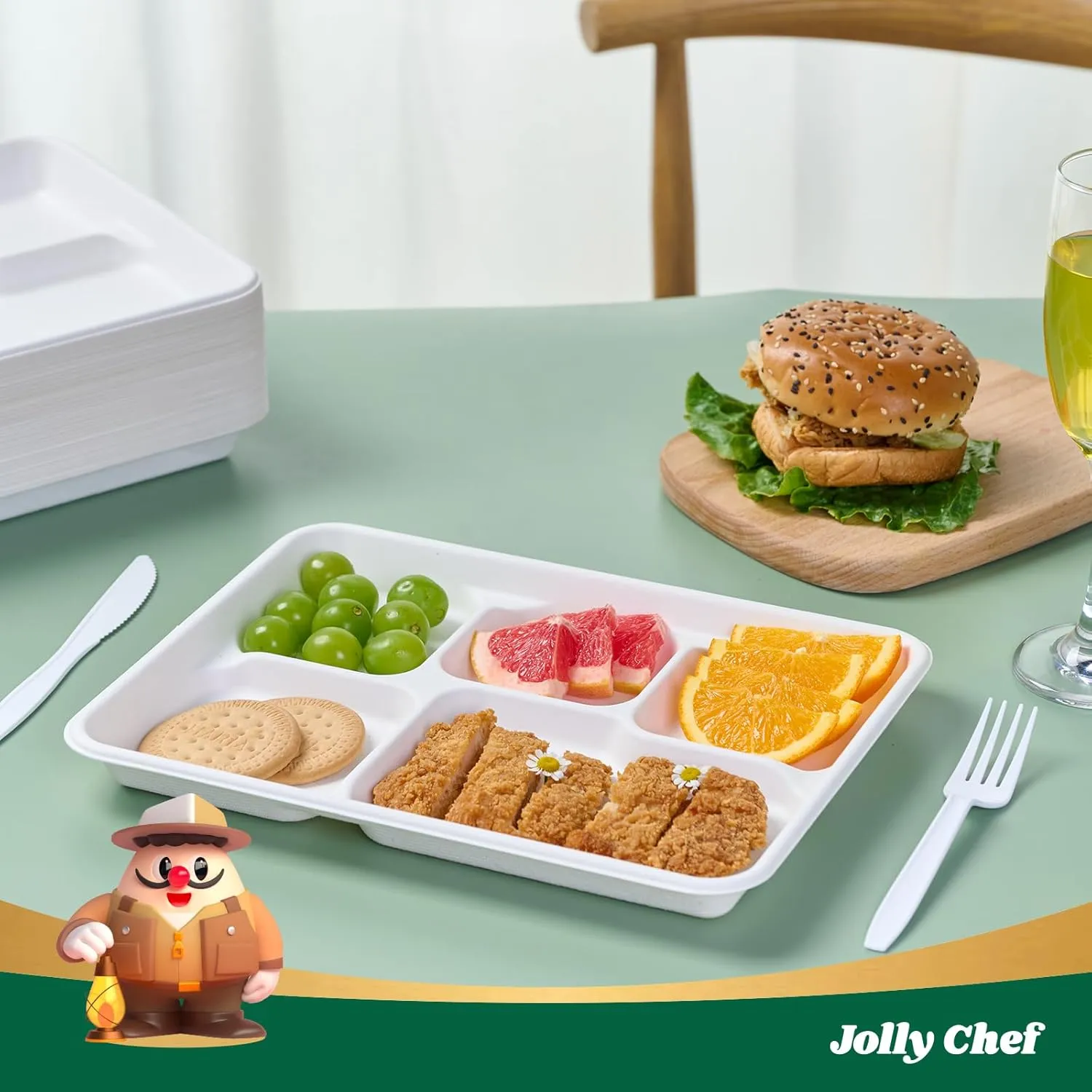 JOLLY CHEF Compostable 𝟱 Compartment Paper Plates 𝟭𝟭 * 𝟴 𝗶𝗻𝗰𝗵 [𝟭𝟬𝟬 𝗣𝗮𝗰𝗸] Heavy Duty White Divided Disposable Plate Eco-Friendly Biodegradable Containers Food Tray for Party Lunch Buffet