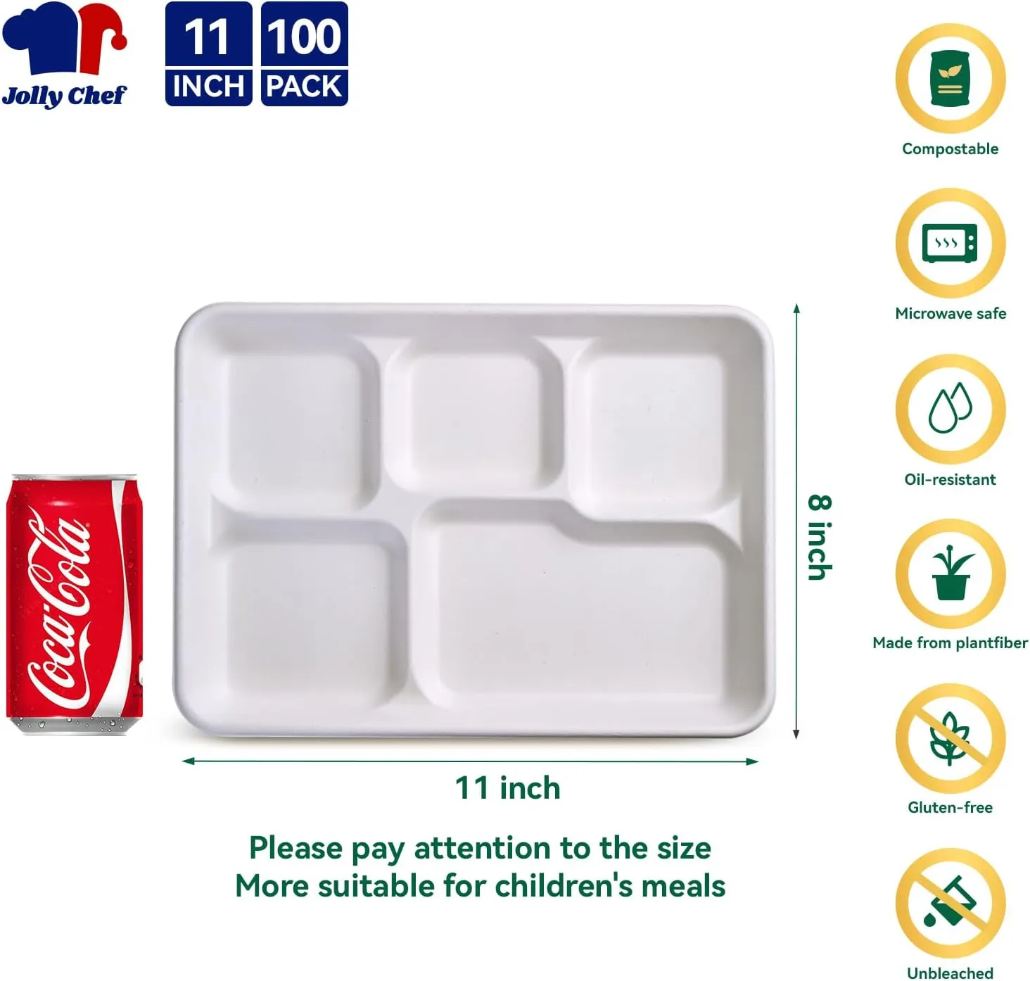 JOLLY CHEF Compostable 𝟱 Compartment Paper Plates 𝟭𝟭 * 𝟴 𝗶𝗻𝗰𝗵 [𝟭𝟬𝟬 𝗣𝗮𝗰𝗸] Heavy Duty White Divided Disposable Plate Eco-Friendly Biodegradable Containers Food Tray for Party Lunch Buffet
