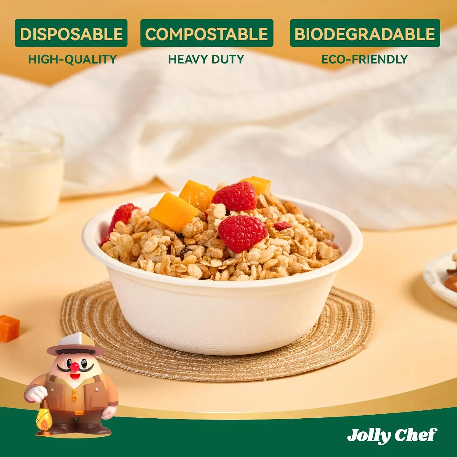 JOLLY CHEF Compostable Disposable Paper Bowl [16 oz] Heavy Duty Soup Containers [150 Pack] Biodegradable Bagasse Hot Cold Food Eco-Friendly Sugarcane Microwavable Bowls for Salad Dessert Milk Cereals