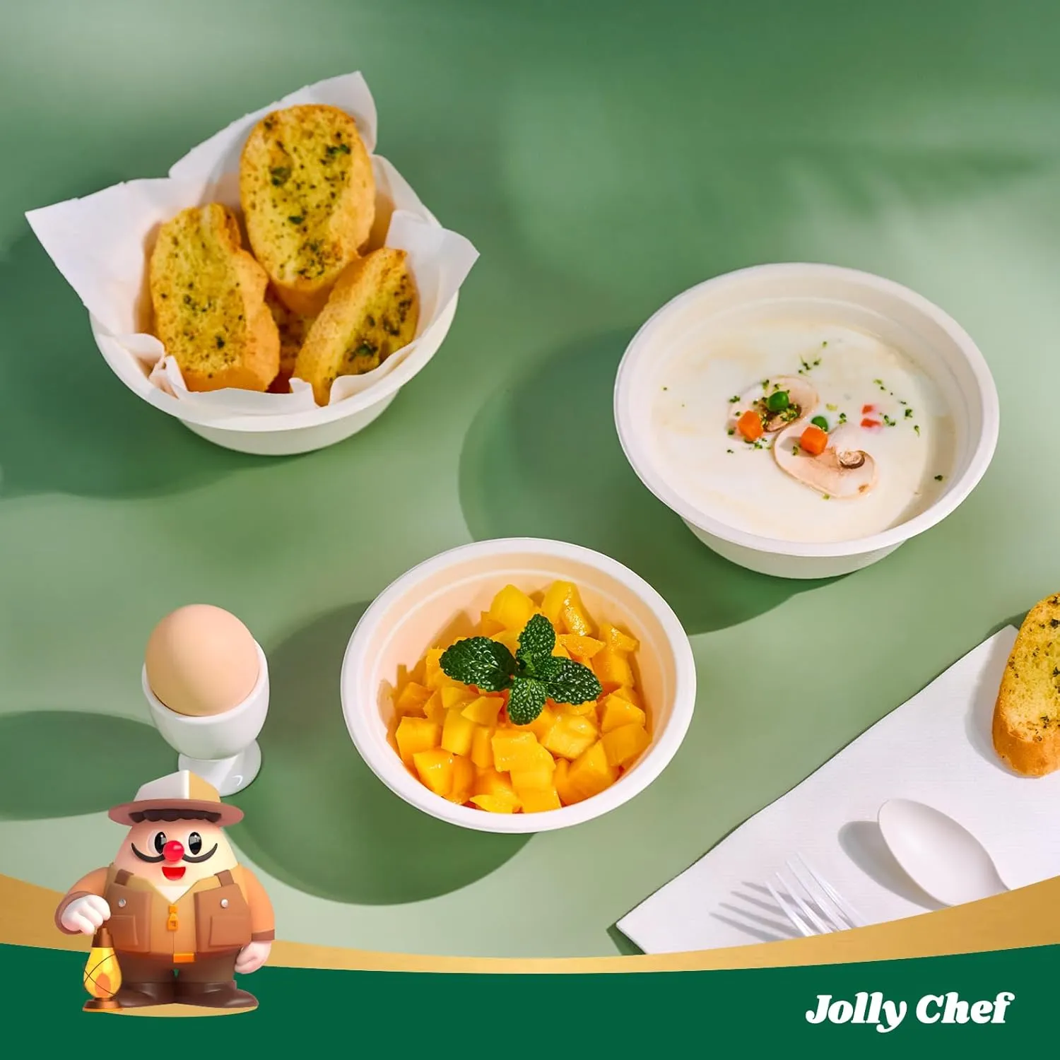 JOLLY CHEF Compostable Disposable Paper Bowl [16 oz] Heavy Duty Soup Containers [150 Pack] Biodegradable Bagasse Hot Cold Food Eco-Friendly Sugarcane Microwavable Bowls for Salad Dessert Milk Cereals