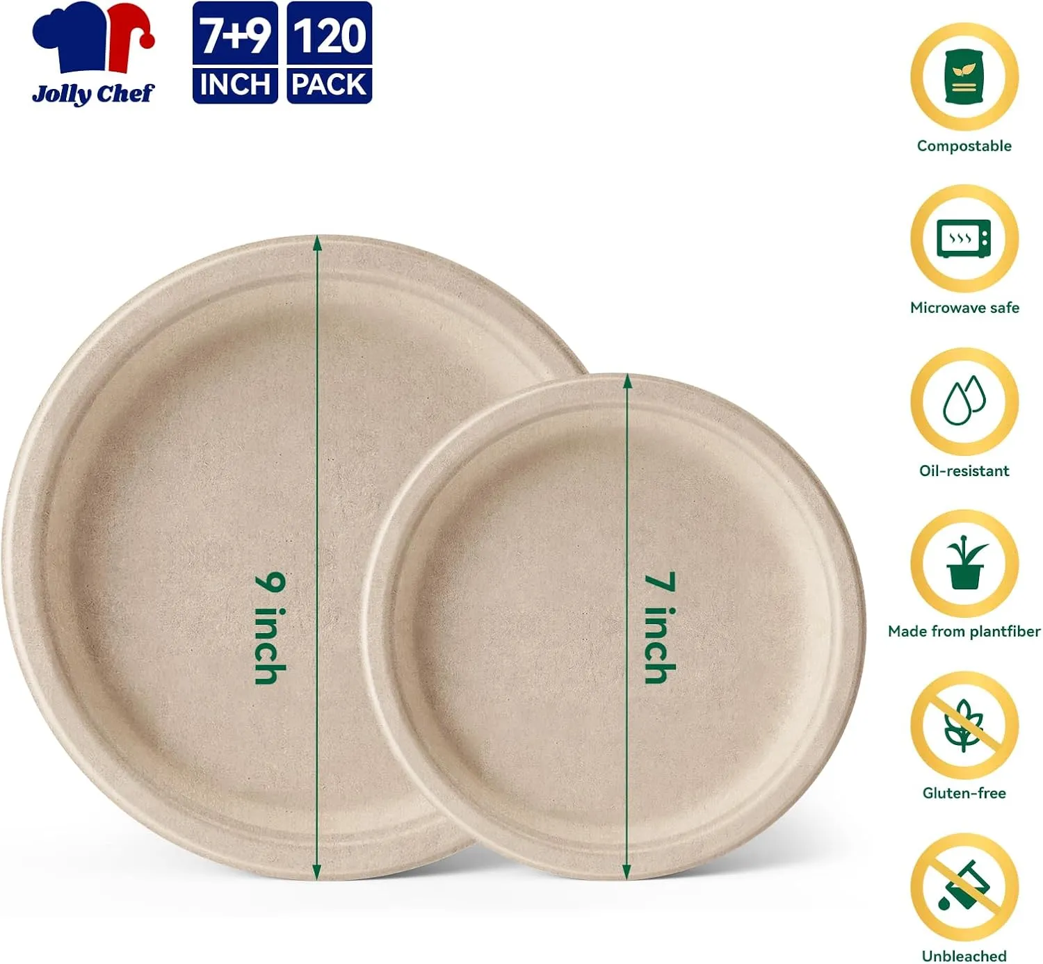 JOLLY CHEF Compostable Heavy Duty Plates 𝟳 𝗶𝗻𝗰𝗵 𝗮𝗻𝗱 𝟵 𝗶𝗻𝗰𝗵 [𝟭𝟮𝟬 𝗣𝗮𝗰𝗸] Eco-Friendly Disposable Paper Plates Bagasse Biodegradable Sugarcane Fibers Round Bulk for Party Dinner(Brown)