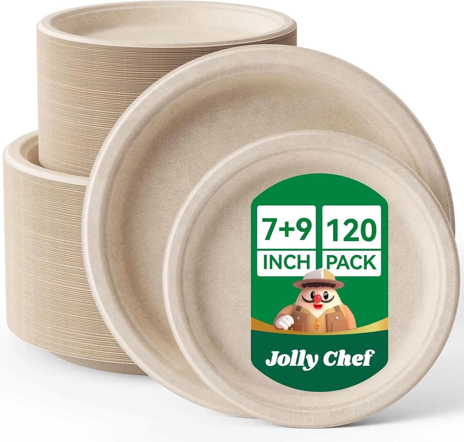 JOLLY CHEF Compostable Heavy Duty Plates 𝟳 𝗶𝗻𝗰𝗵 𝗮𝗻𝗱 𝟵 𝗶𝗻𝗰𝗵 [𝟭𝟮𝟬 𝗣𝗮𝗰𝗸] Eco-Friendly Disposable Paper Plates Bagasse Biodegradable Sugarcane Fibers Round Bulk for Party Dinner(Brown)