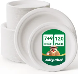 JOLLY CHEF Compostable Heavy Duty Plates 𝟳 𝗶𝗻𝗰𝗵 𝗮𝗻𝗱 𝟵 𝗶𝗻𝗰𝗵 [𝟭𝟮𝟬 𝗣𝗮𝗰𝗸] Eco-Friendly Disposable Paper Plates Bagasse Biodegradable Sugarcane Fibers Round Bulk for Party Dinner(White)