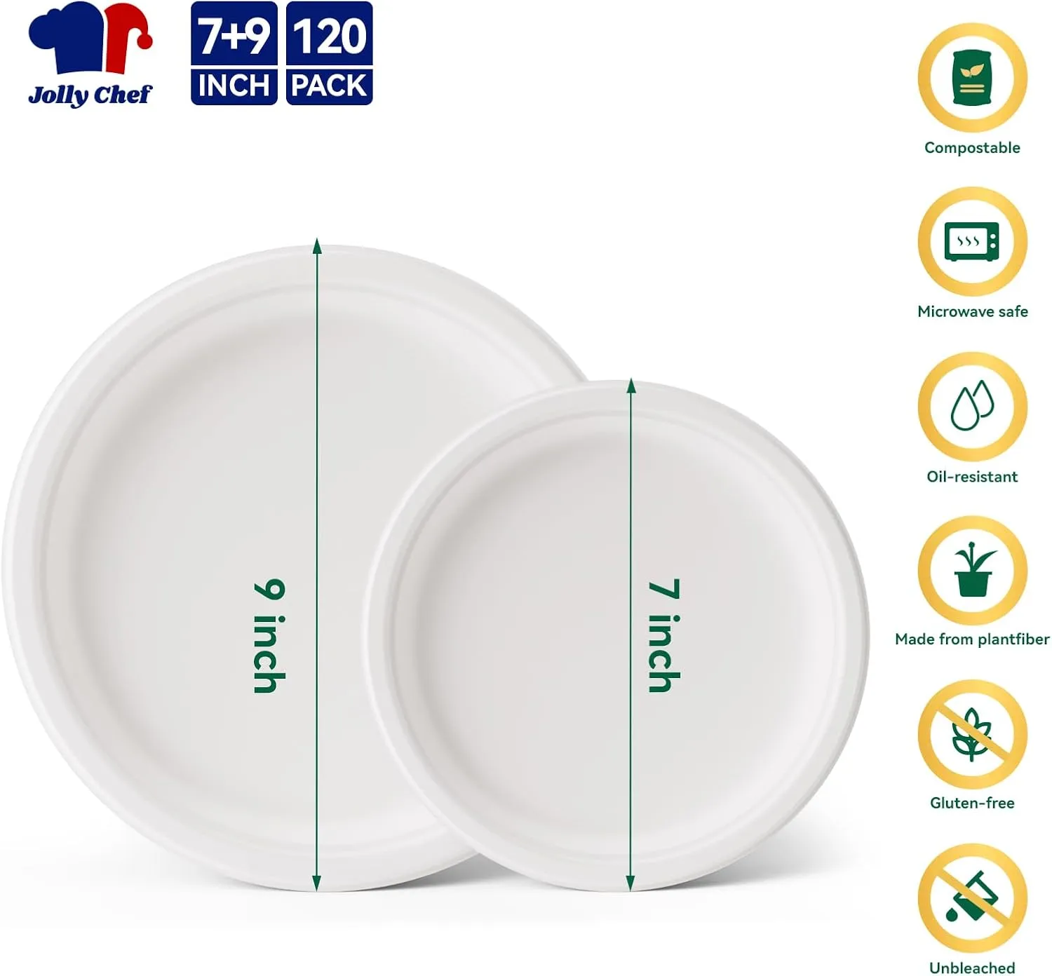 JOLLY CHEF Compostable Heavy Duty Plates 𝟳 𝗶𝗻𝗰𝗵 𝗮𝗻𝗱 𝟵 𝗶𝗻𝗰𝗵 [𝟭𝟮𝟬 𝗣𝗮𝗰𝗸] Eco-Friendly Disposable Paper Plates Bagasse Biodegradable Sugarcane Fibers Round Bulk for Party Dinner(White)