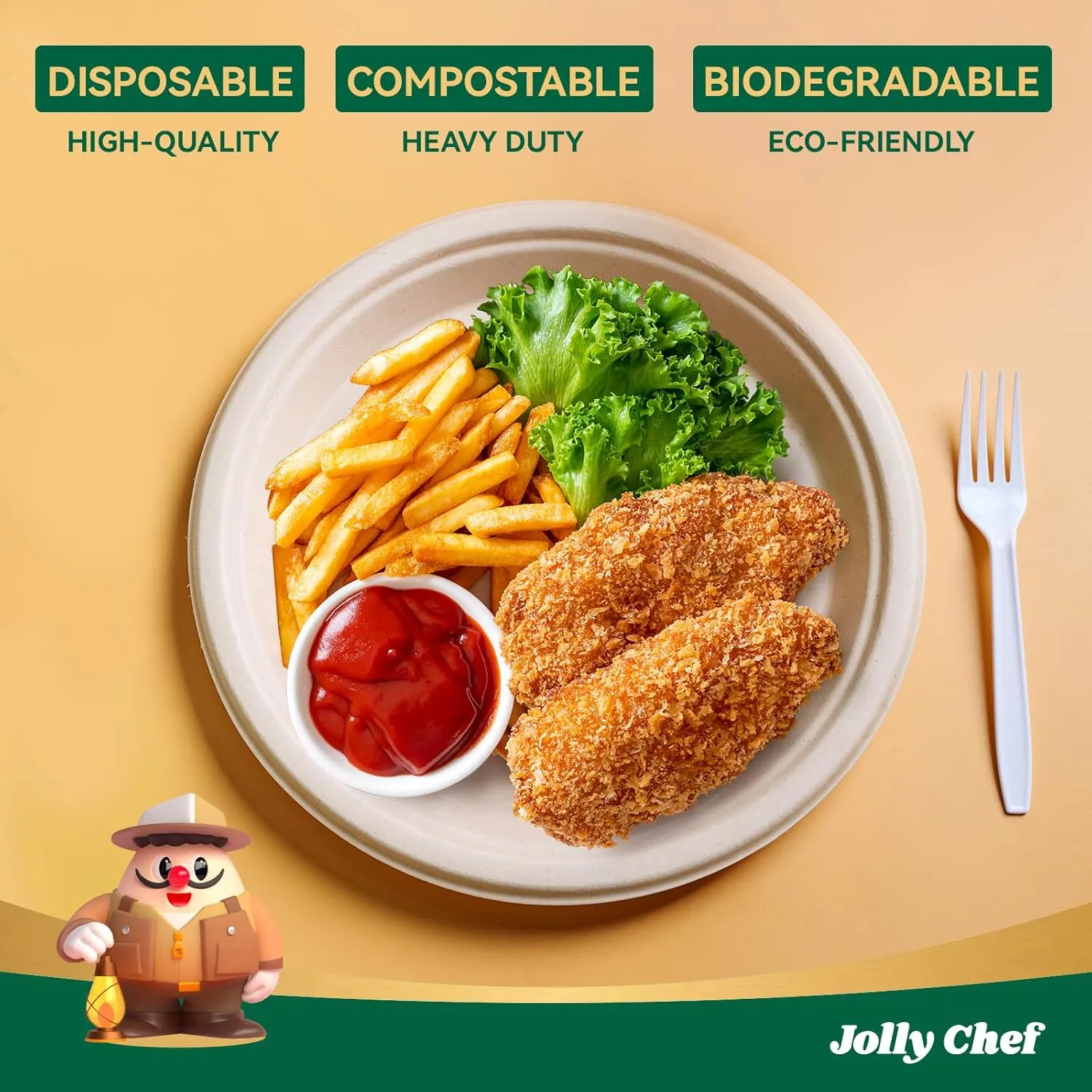 JOLLY CHEF Compostable Heavy Duty Plates 𝟭𝟬 𝗜𝗻𝗰𝗵 [𝟭𝟮𝟱 𝗣𝗮𝗰𝗸] Eco-Friendly Disposable Paper Plates Made of Bagasse Biodegradable Bulk for Party Dinner Sugarcane Fibers Round (Natural)