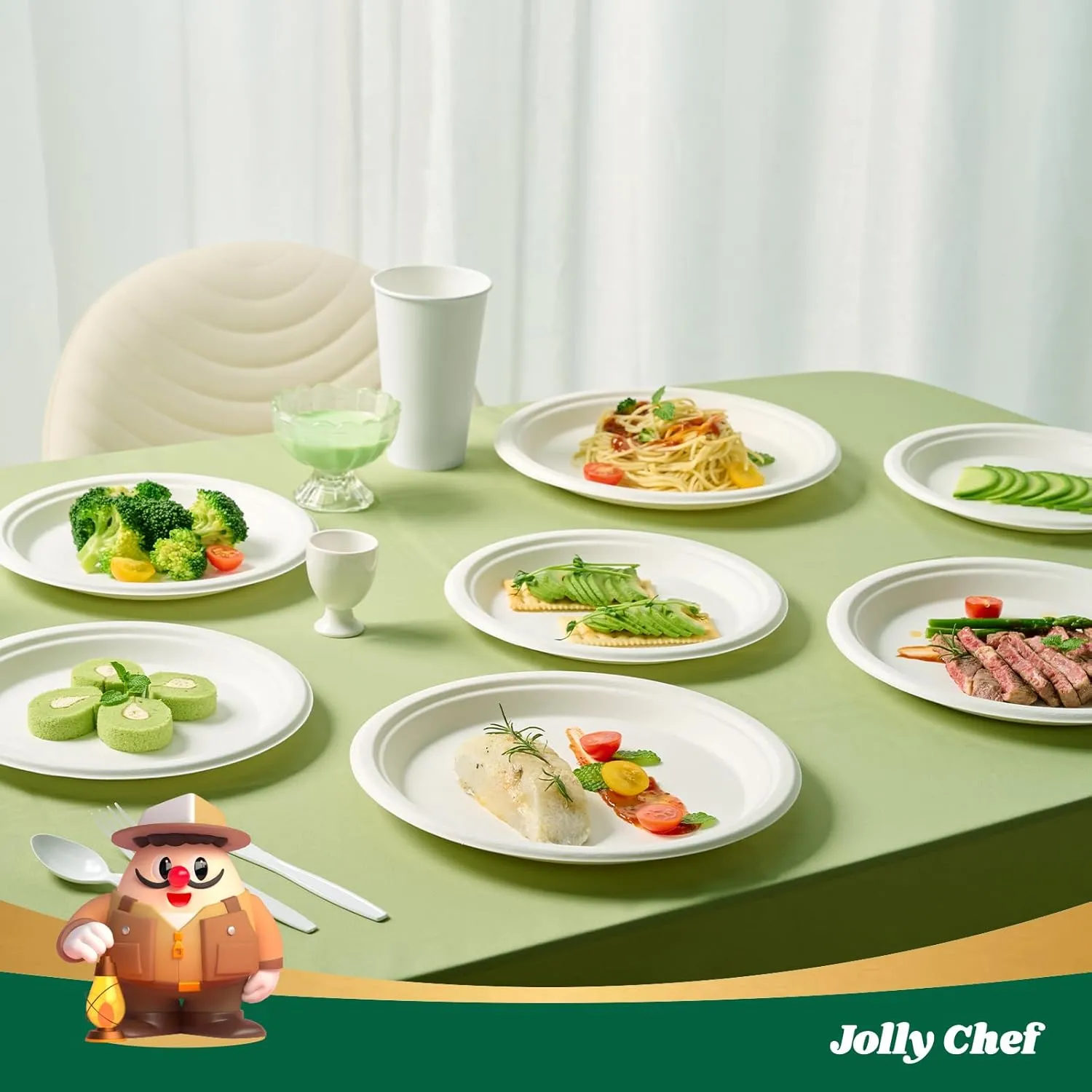 JOLLY CHEF Compostable Heavy Duty Plates 𝟭𝟬 𝗜𝗻𝗰𝗵 [𝟭𝟮𝟱 𝗣𝗮𝗰𝗸] Eco-Friendly Disposable White Paper Plates Made of Bagasse Biodegradable Bulk for Party Dinner Sugarcane Fibers Round 125 Count
