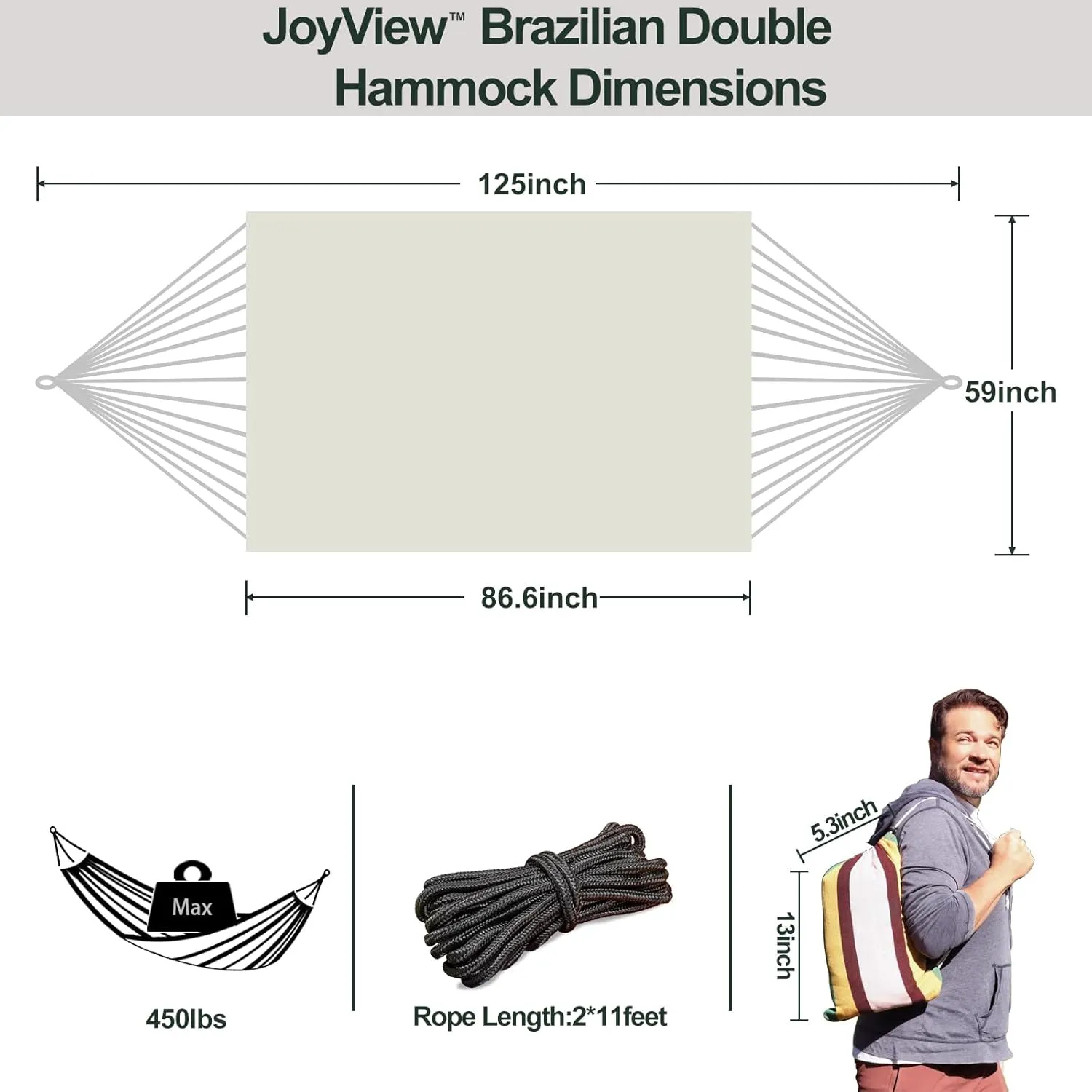 JoyView Brazilian Double Hammock with Hanging Ropes Extra Large 86.6x59” Portable Cotton Hammock for Patio Backyard Porch 450LBS Weight Capacity Perfect for Outdoor/Indoor - Natural White