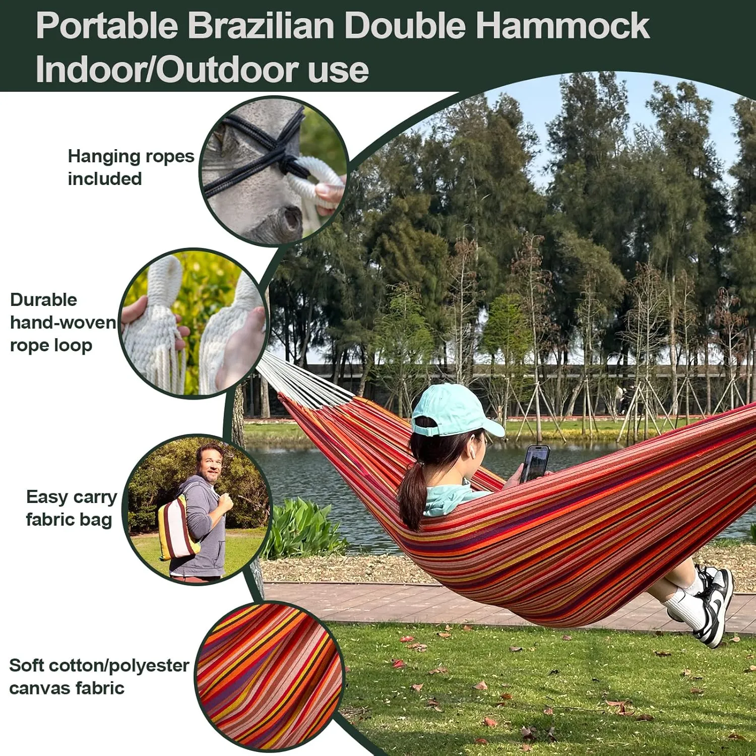 JoyView Brazilian Double Hammock with Hanging Ropes Extra Large 86.6x59” Portable Cotton Hammock for Patio Backyard Porch 450LBS Weight Capacity Perfect for Outdoor/Indoor - Natural White