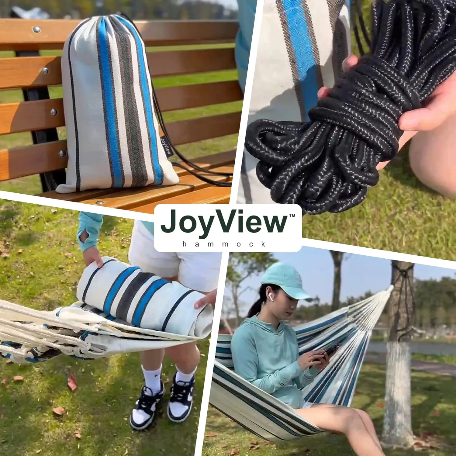 JoyView Brazilian Double Hammock with Hanging Ropes Extra Large 86.6x59” Portable Cotton Hammock for Patio Backyard Porch 450LBS Weight Capacity Perfect for Outdoor/Indoor - Natural White
