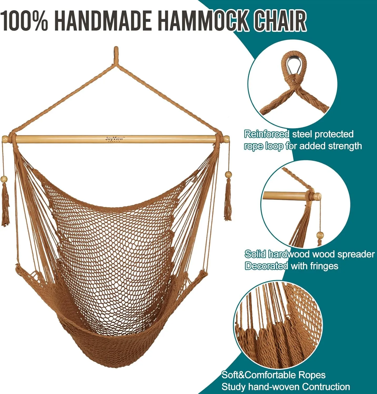 JoyView Hammock Chair with Spreader Bar Caribbean Hammock Swing Chair 300 LBS Weight Capacity XL Rope Hanging Chair for Outdoor Indoor Garden Yard - Brown