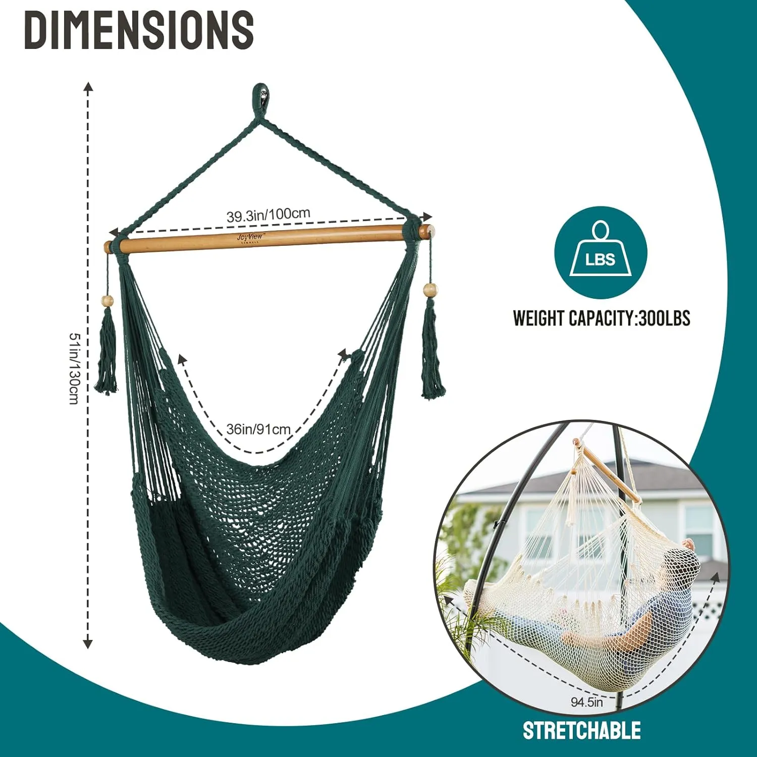 JoyView Hammock Chair with Spreader Bar Caribbean Hammock Swing Chair 300 LBS Weight Capacity XL Rope Hanging Chair for Outdoor Indoor Garden Yard - Green