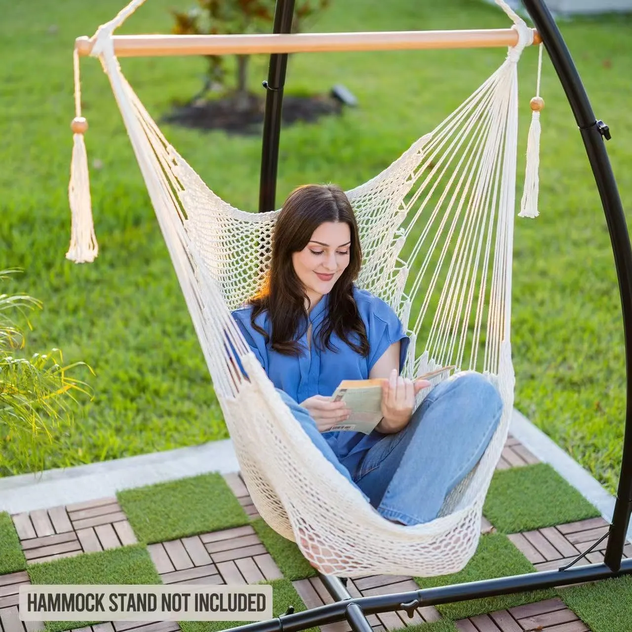 JoyView Hammock Chair with Spreader Bar Caribbean Hammock Swing Chair 300 LBS Weight Capacity XL Rope Hanging Chair for Outdoor Indoor Garden Yard - Green