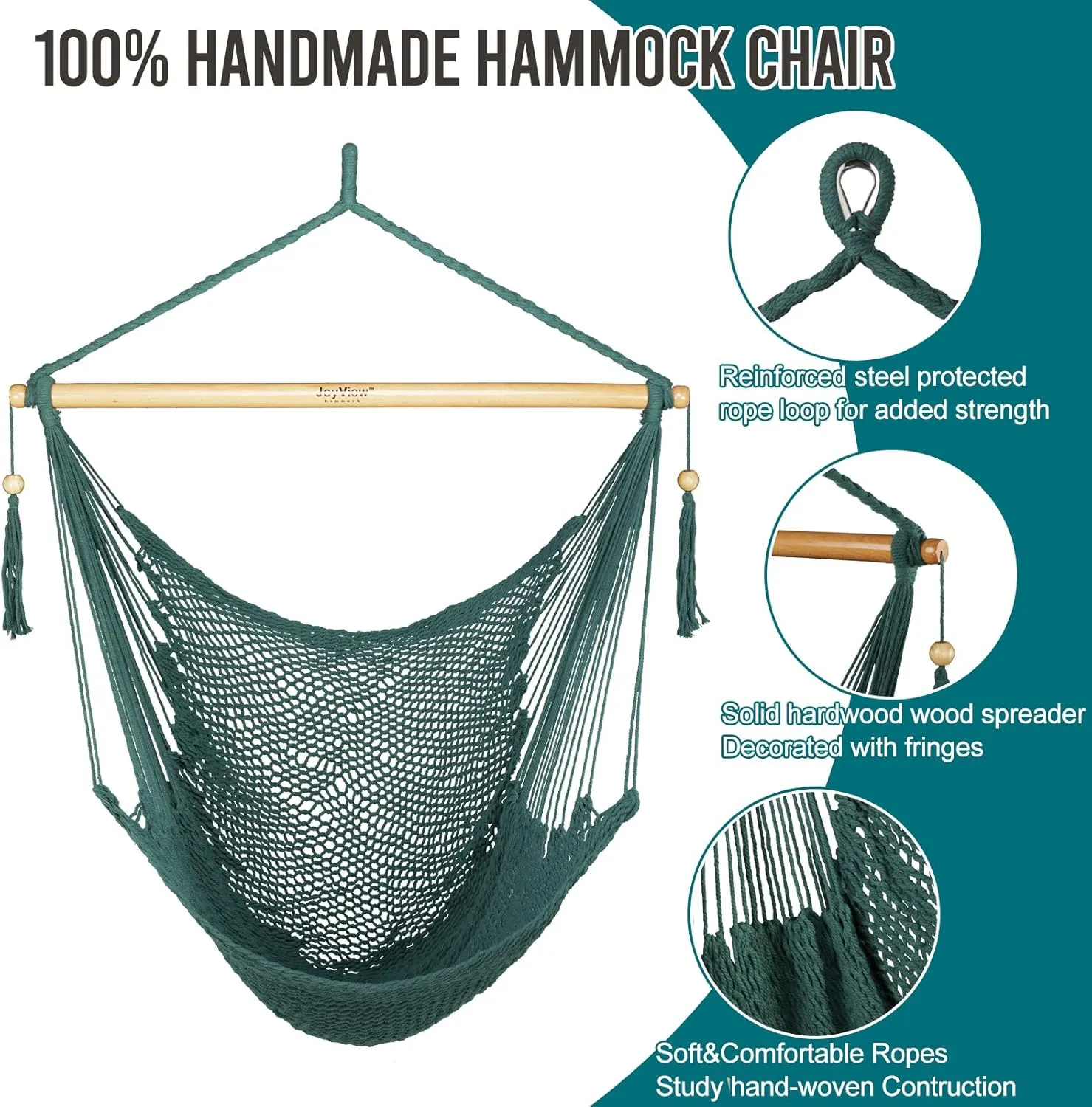 JoyView Hammock Chair with Spreader Bar Caribbean Hammock Swing Chair 300 LBS Weight Capacity XL Rope Hanging Chair for Outdoor Indoor Garden Yard - Green