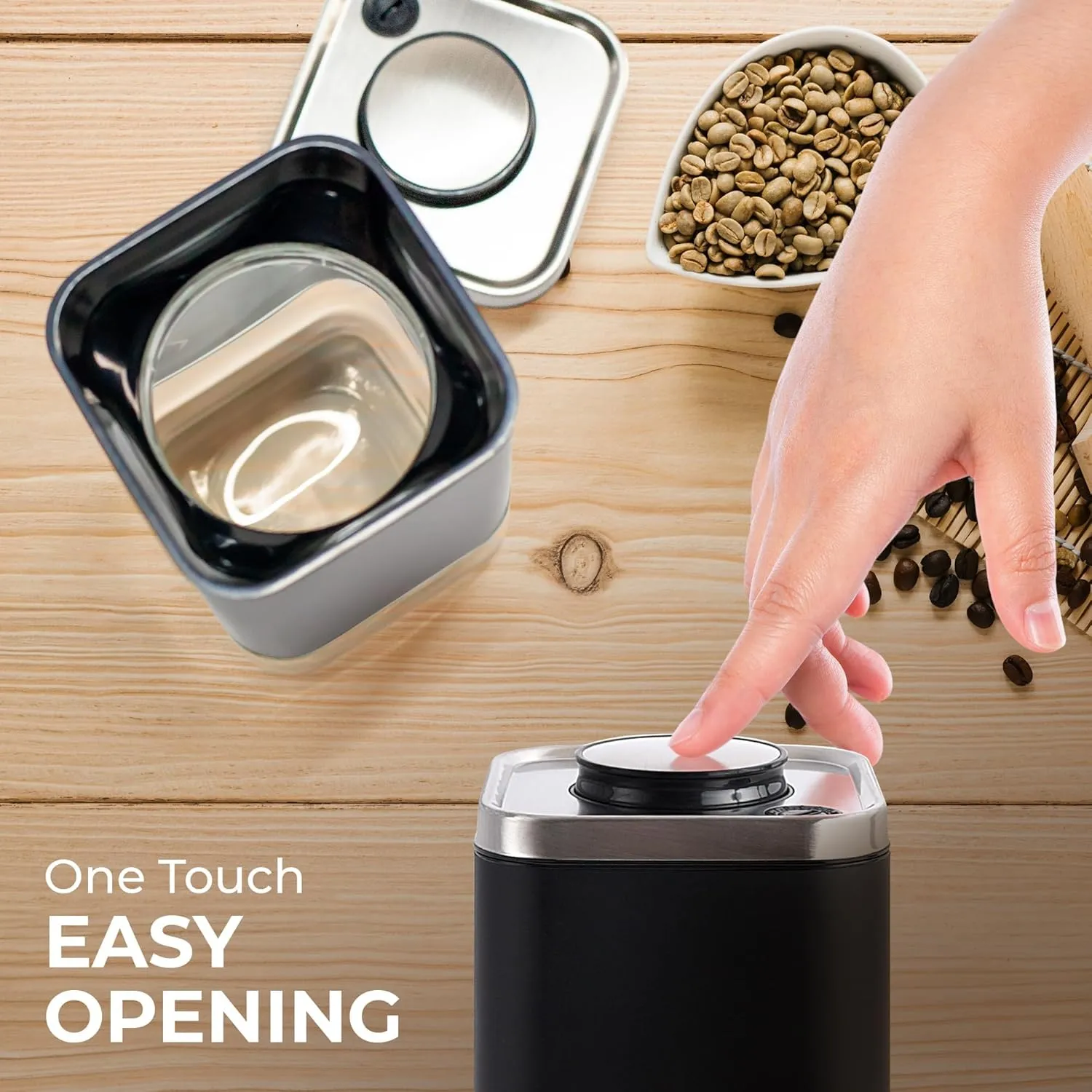 Kaffe Glass Coffee Canister (8oz) w/Airtight Lid - Click to Release Seal - BPA Free Glass & Stainless Steel - Elegant Kitchen Storage Container for Coffee, Nuts, Rice, Flour, Sugar, Tea, Cereal