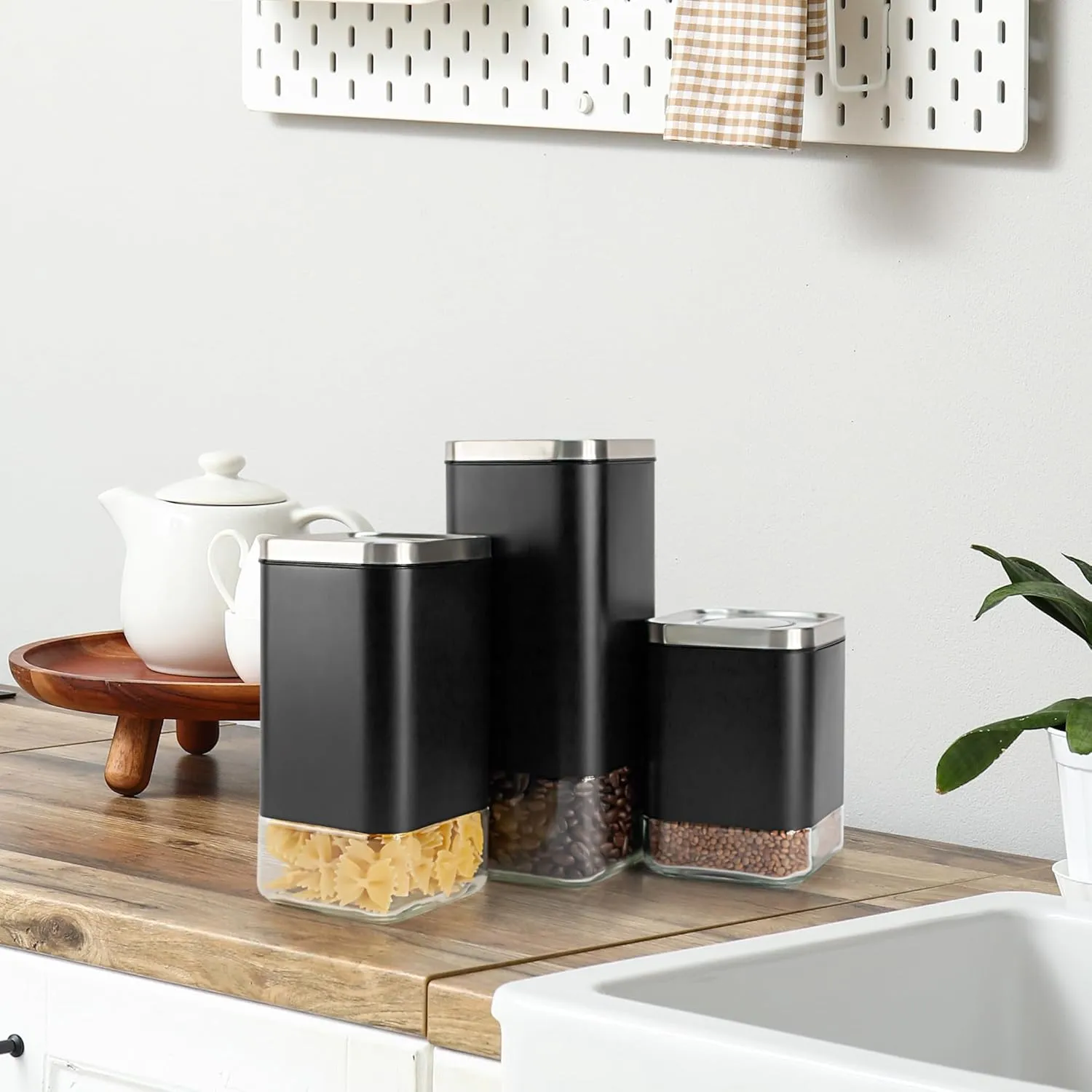 Kaffe Glass Coffee Canister (8oz) w/Airtight Lid - Click to Release Seal - BPA Free Glass & Stainless Steel - Elegant Kitchen Storage Container for Coffee, Nuts, Rice, Flour, Sugar, Tea, Cereal