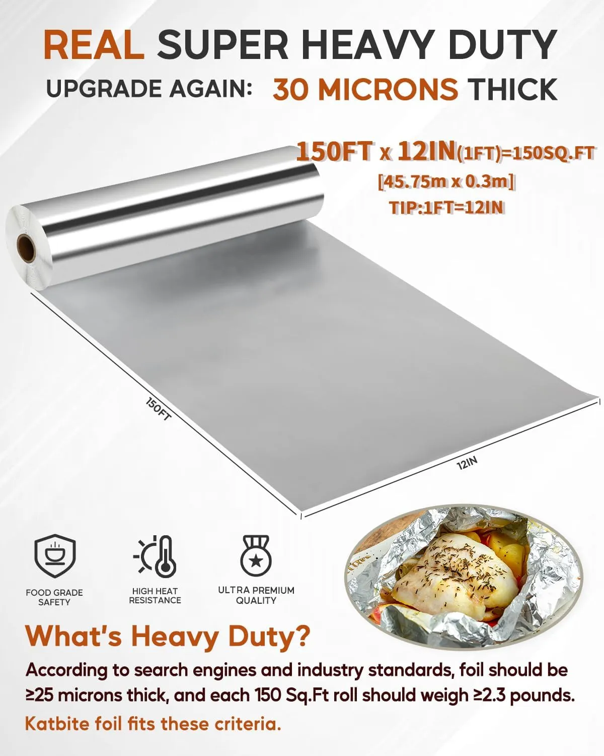 Katbite Aluminum Foil Roll, Heavy Duty 12inx150ft, 30 Micron Thick Strong Foils Aluminum Roll with Cutter for Home Cooking, Catering, Grilling,150Sqft
