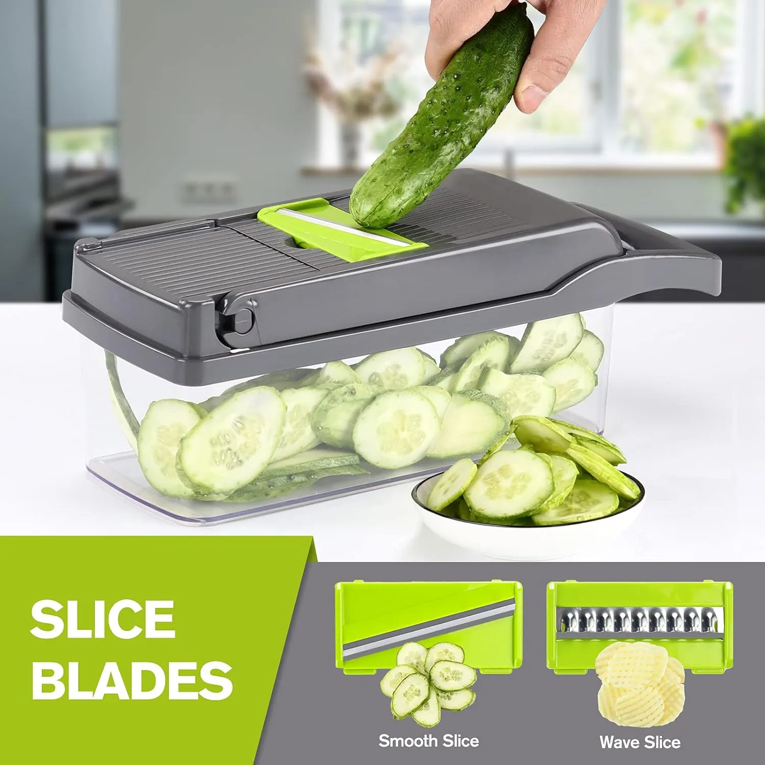 KEOUKE Vegetable Chopper 12in1 Veggie Chopper Slicer Cutter Food Dicer with Container Hand Guard Draining Basket, Grey