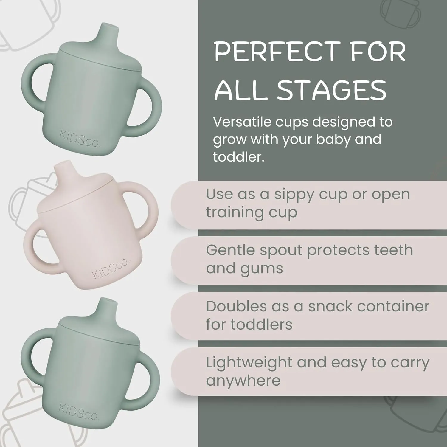 KIDSco Silicone Baby Sippy Cups Unbreakable Training Cup with Easy Grip Handles, a Soft Spout No Spill Proof for Transition Babies 6 month 6  6-12 Months First Year Old Toddler - Toddlers 1-3 |2-PACK|